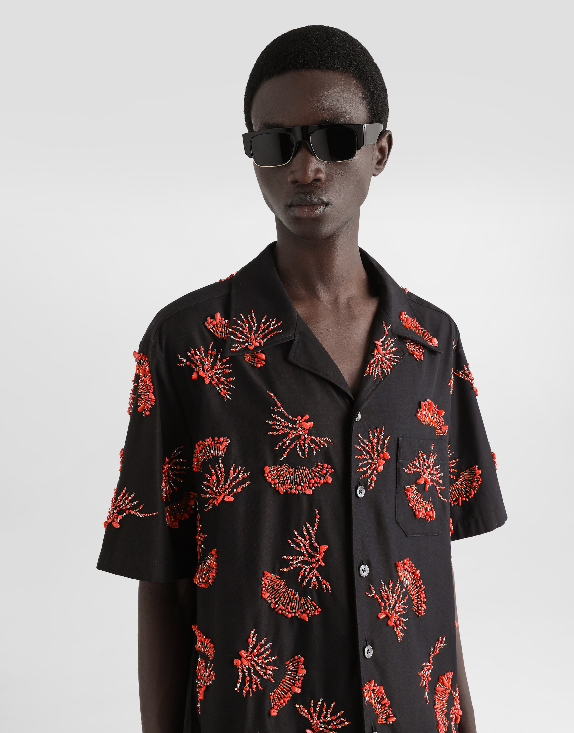 Dolce & Gabbana Short-sleeved Cotton Shirt With Coral Embroidery In Black