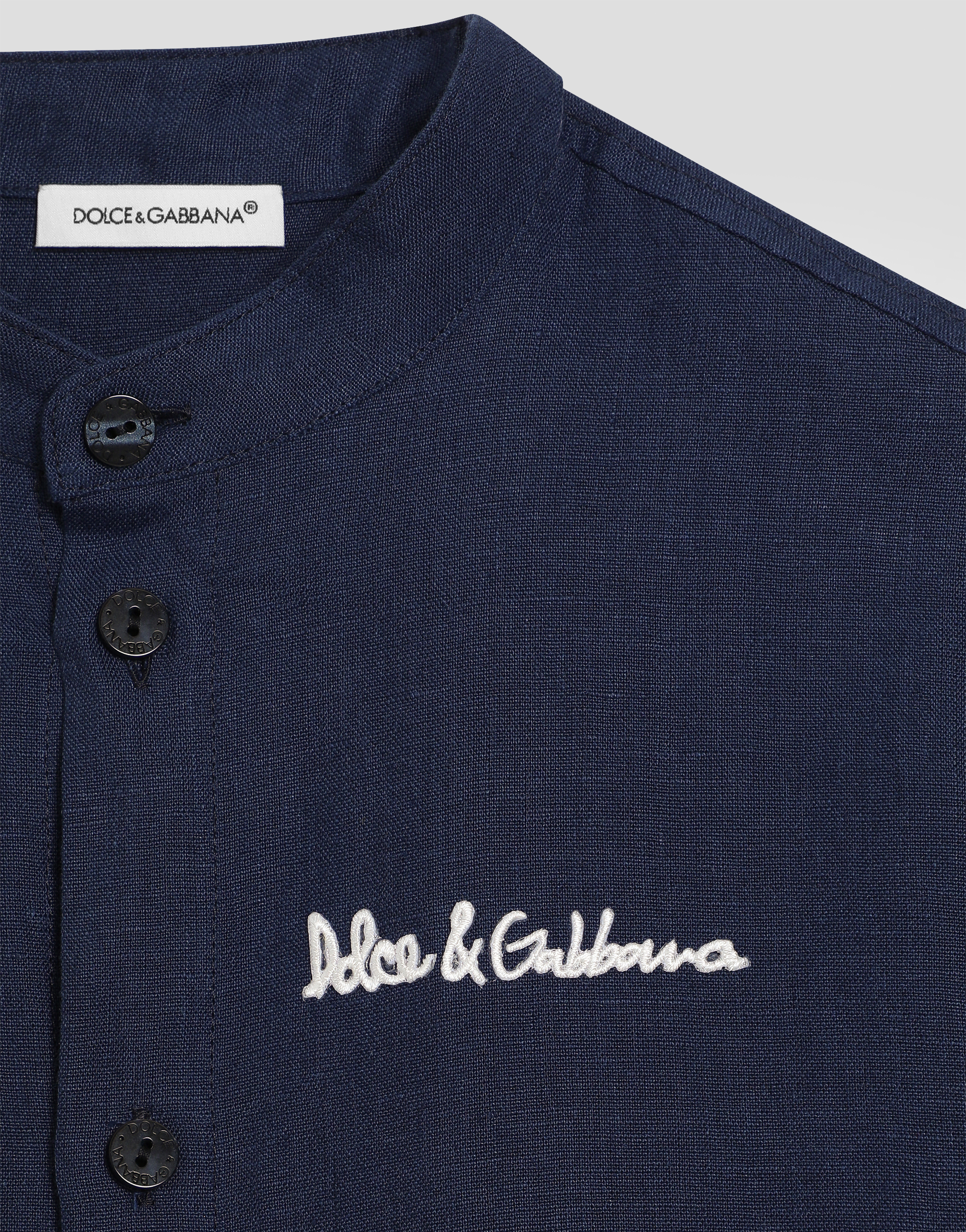 Dolce & Gabbana Non-stretch Linen Shirt With Dolce&gabbana Logo In Blue