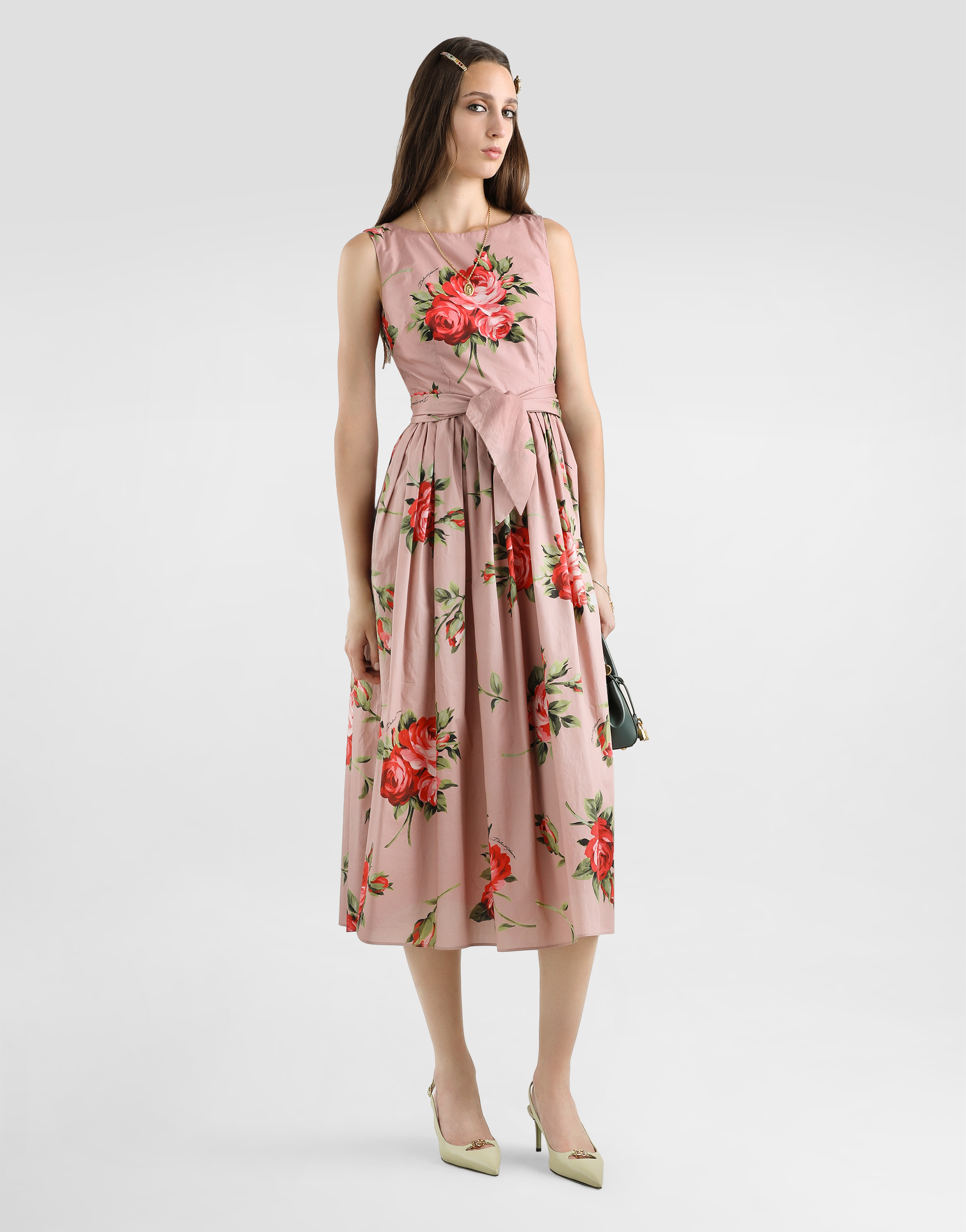 Dolce & Gabbana Cotton Sleeveless Boat Neck Floral Print Midi Dress In Animal Print