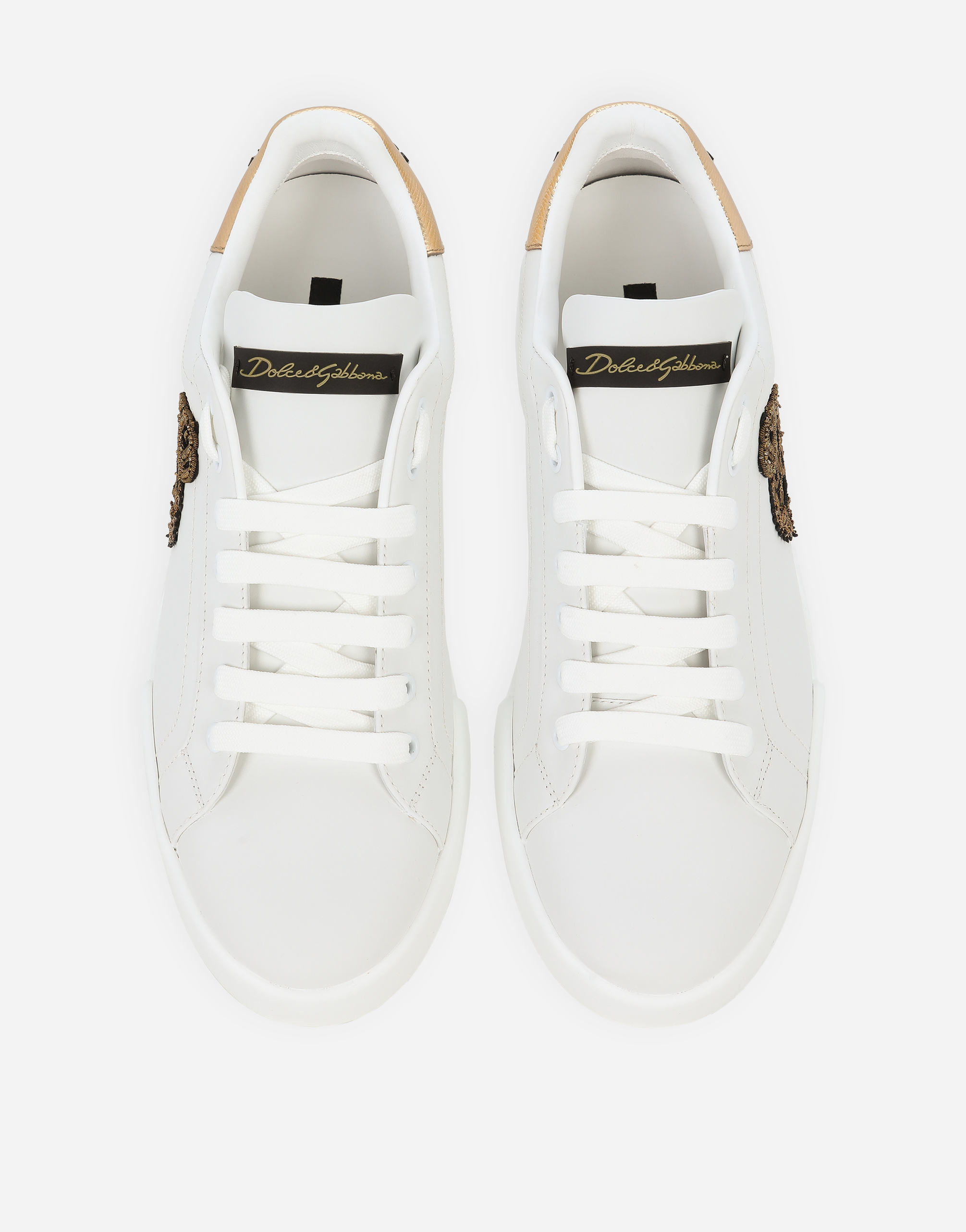 Dolce & Gabbana Iconic Leather Sneakers With Embroidered Crest And Luxurious Detailing In White/gold