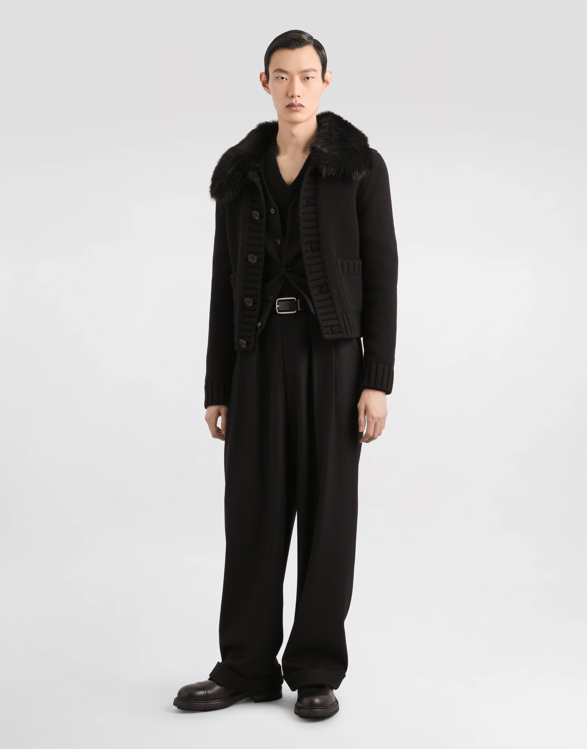 Dolce & Gabbana Wool Jacket With Fur-effect Collar In Black