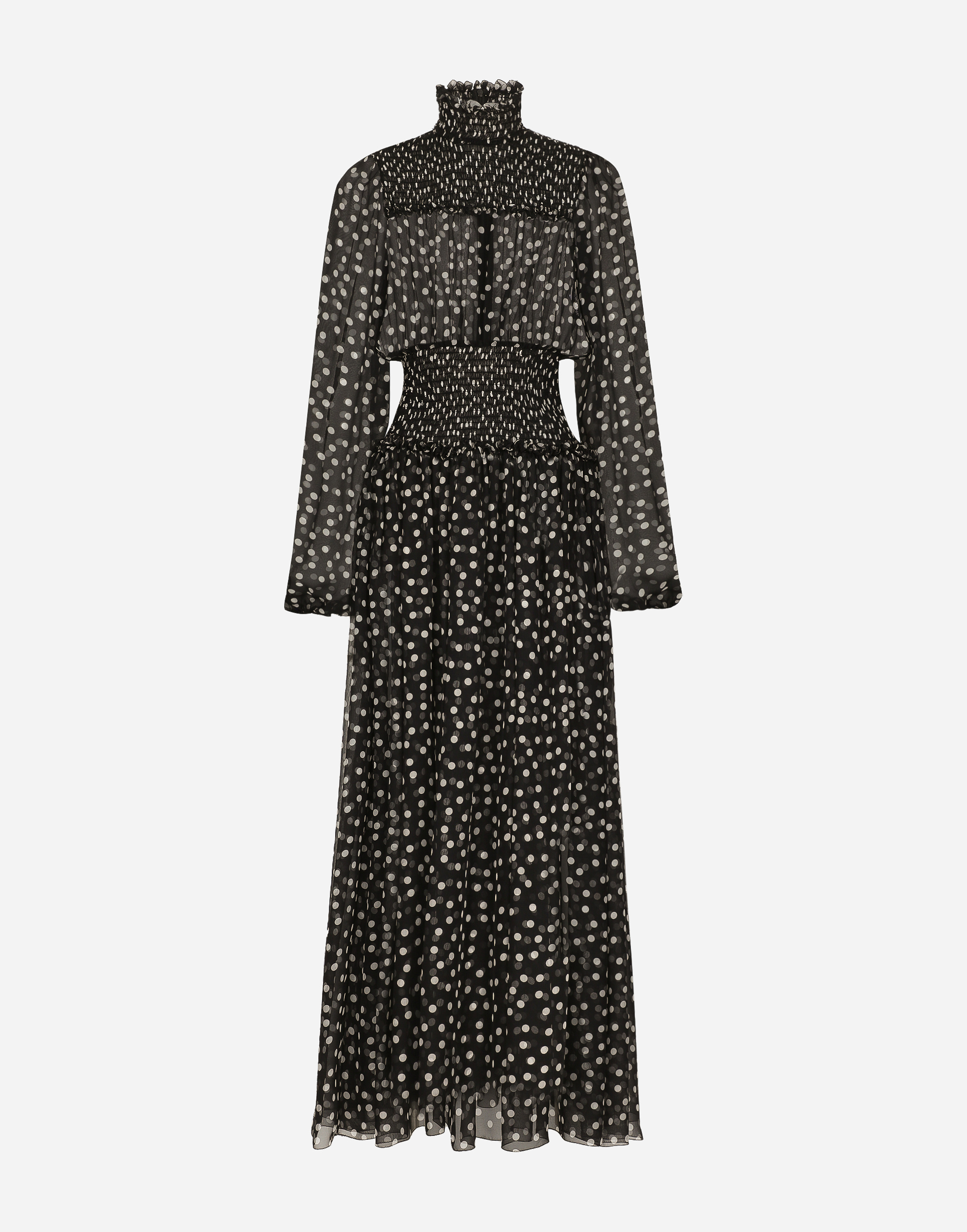 Shop Dolce & Gabbana Chiffon Midi Dress With Smock Stitching And Micro-polka Dot Print