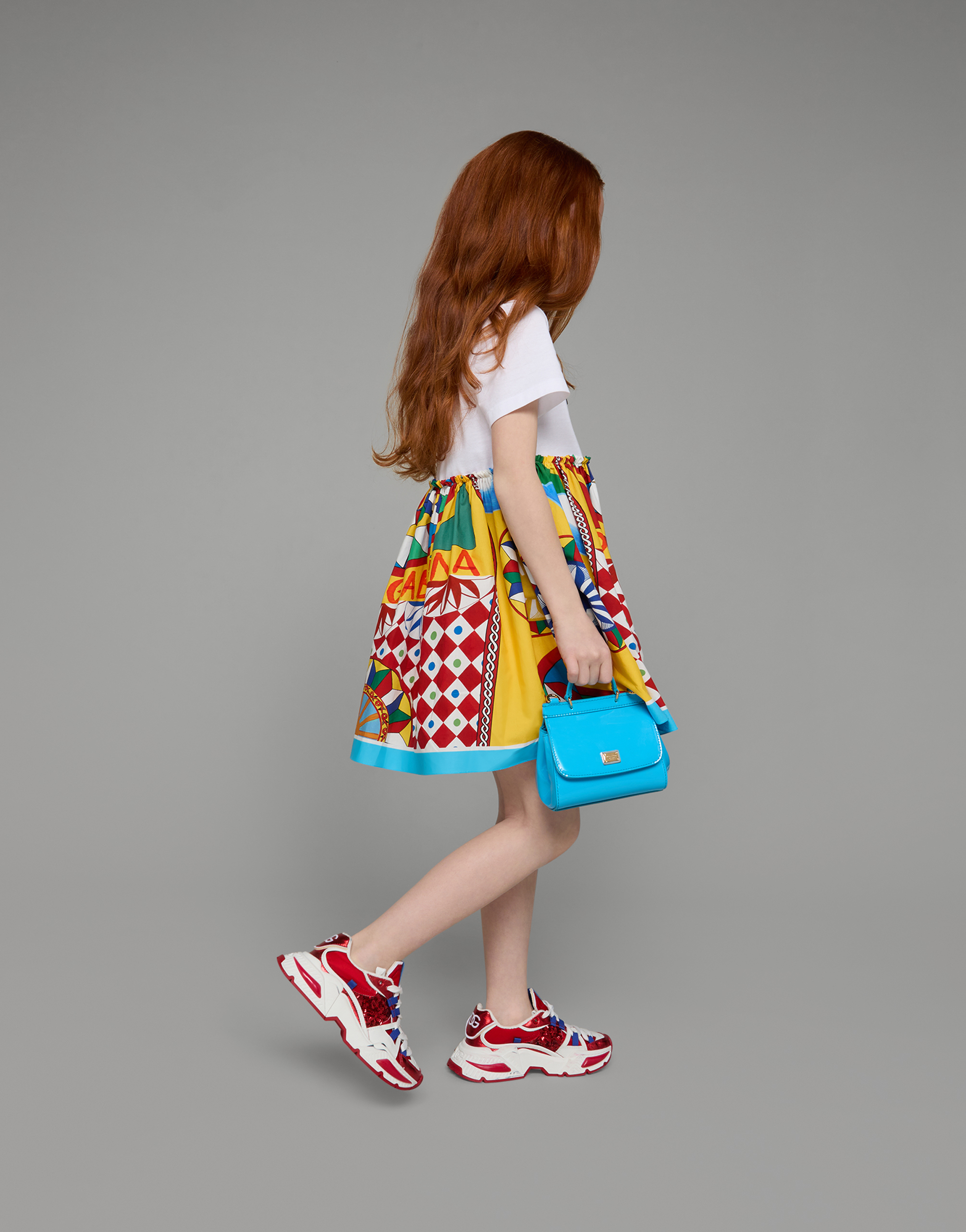 DOLCE & GABBANA CARRETTO-PRINT POPLIN AND JERSEY DRESS