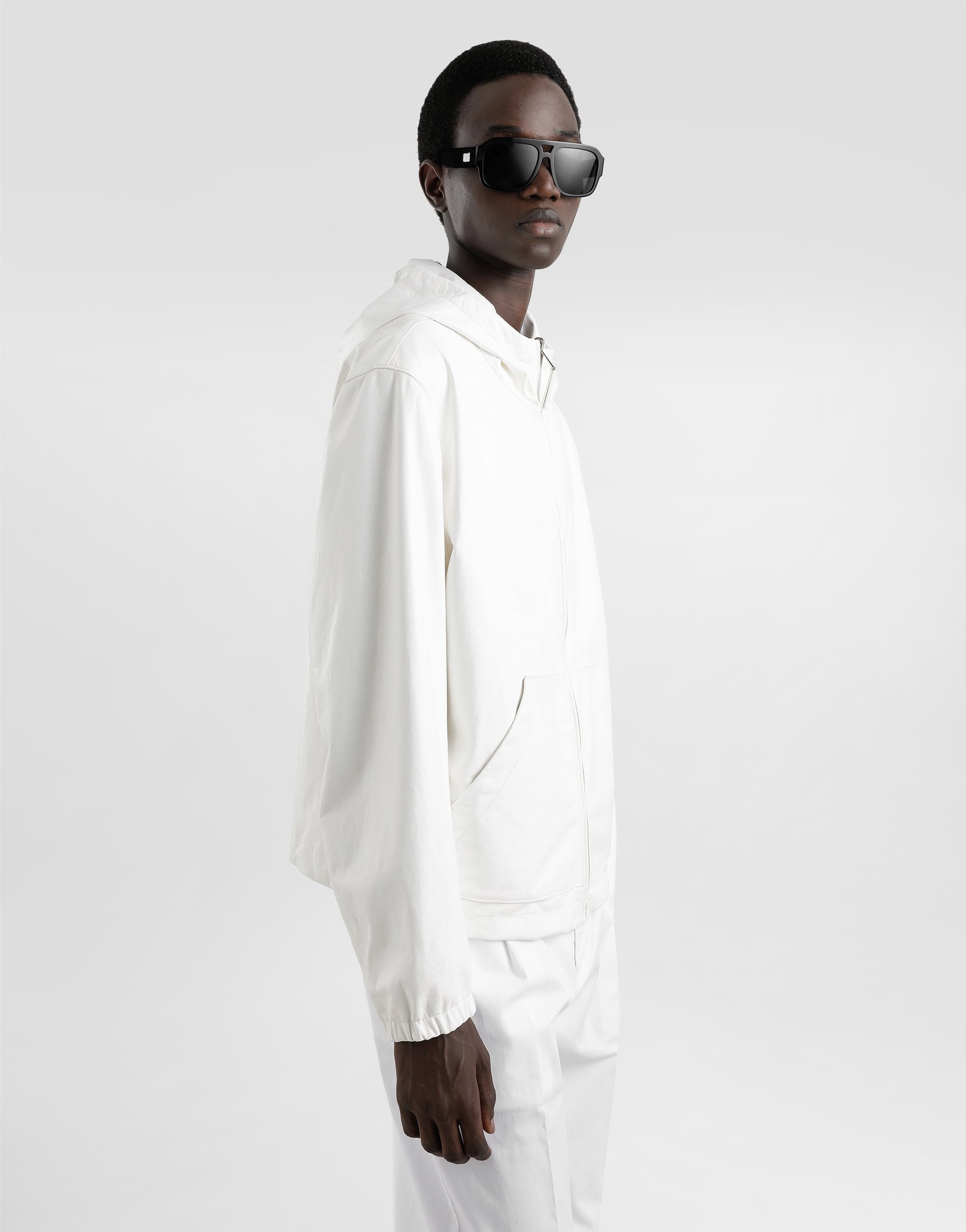 Dolce & Gabbana Leather And Fabric Jacket With Reversible Hood In White
