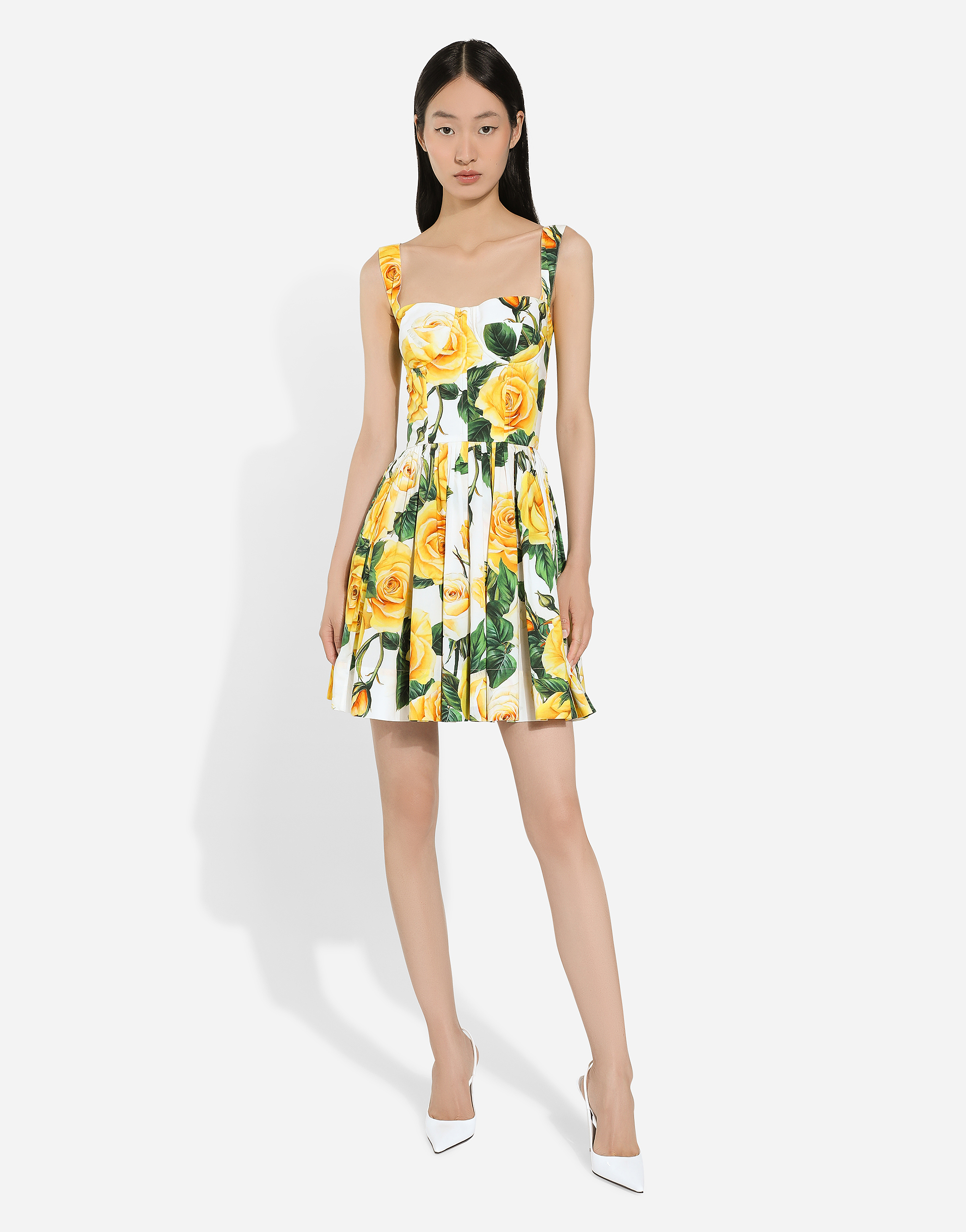 Shop Dolce & Gabbana Short Cotton Corset Dress With Yellow Rose Print