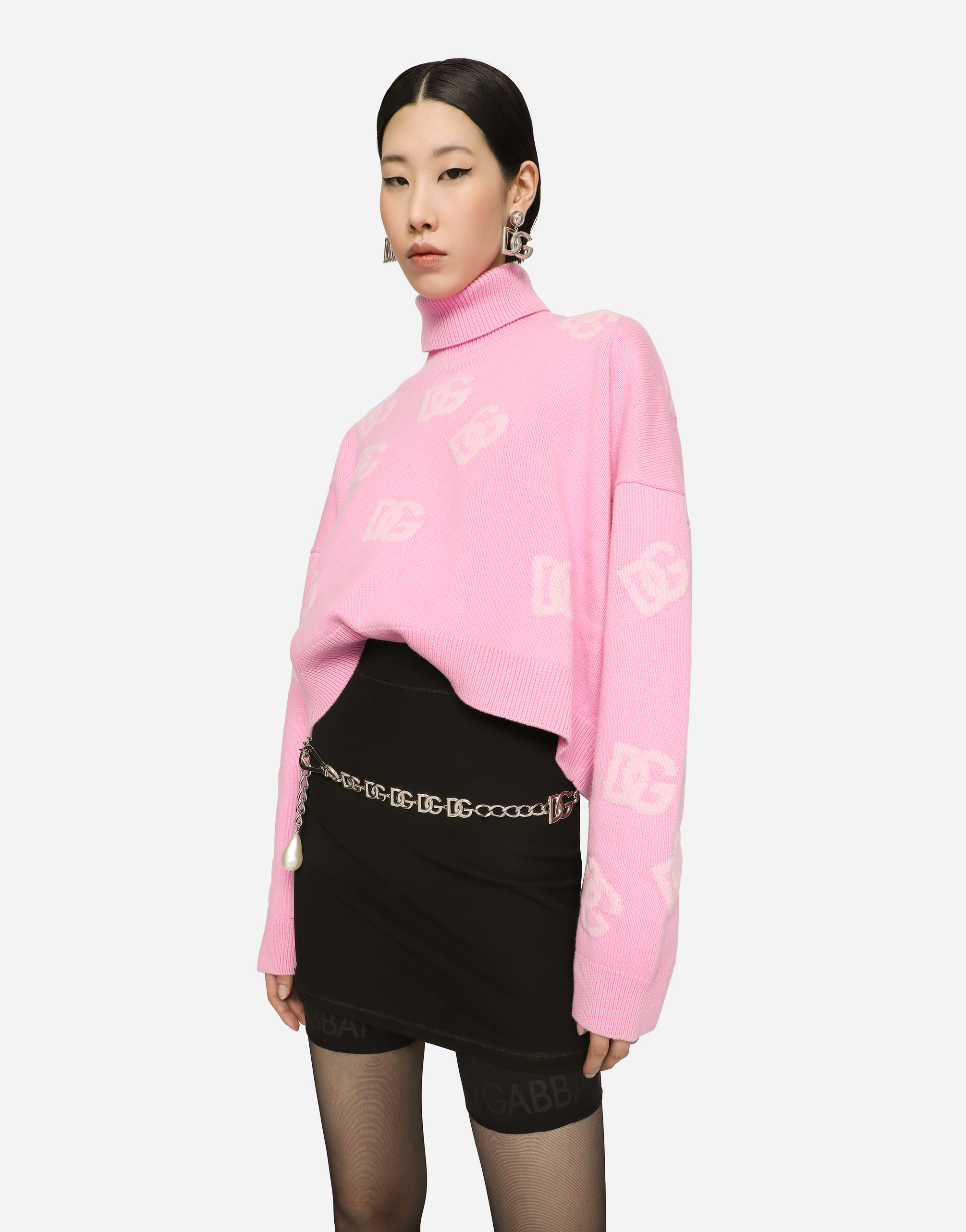 Dolce & Gabbana Cropped Cashmere Sweater With Dg Logo Inlay In Multicolor