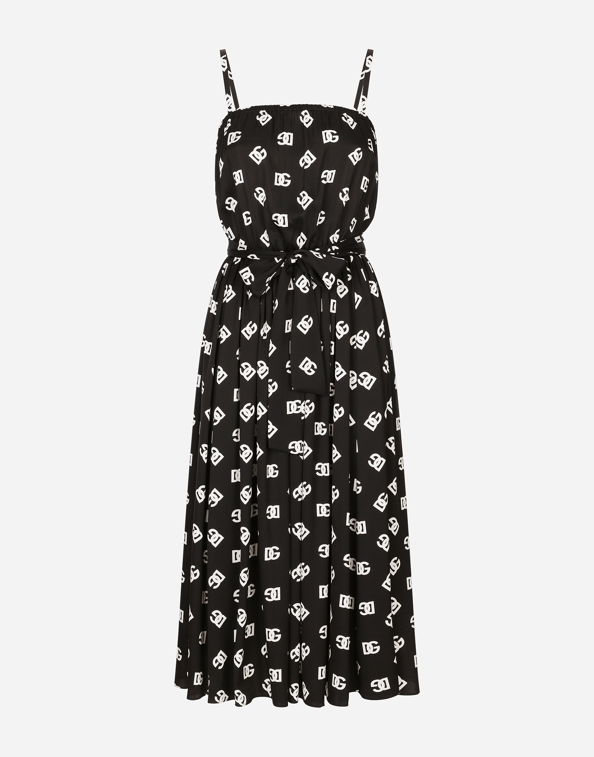 Dolce & Gabbana Charmeuse Calf-length Dress With All-over Dg Logo Print - Woman Dresses Black