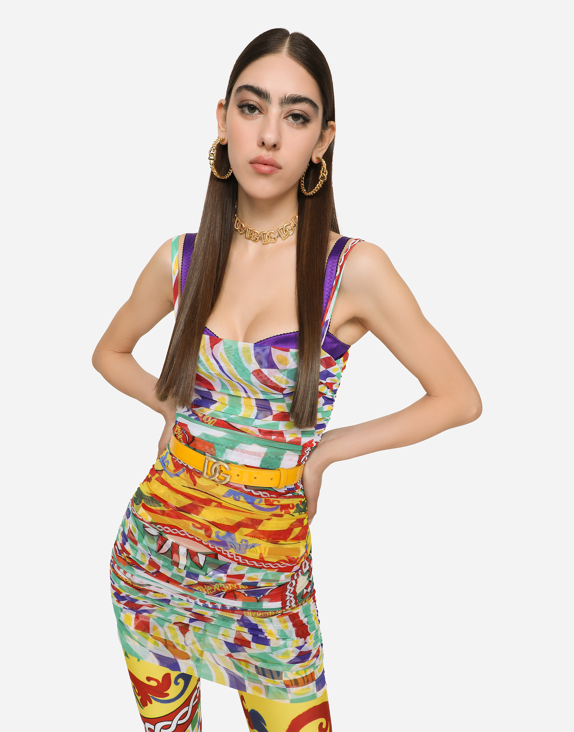 DOLCE & GABBANA SHORT DRAPED TULLE DRESS WITH CARRETTO PRINT