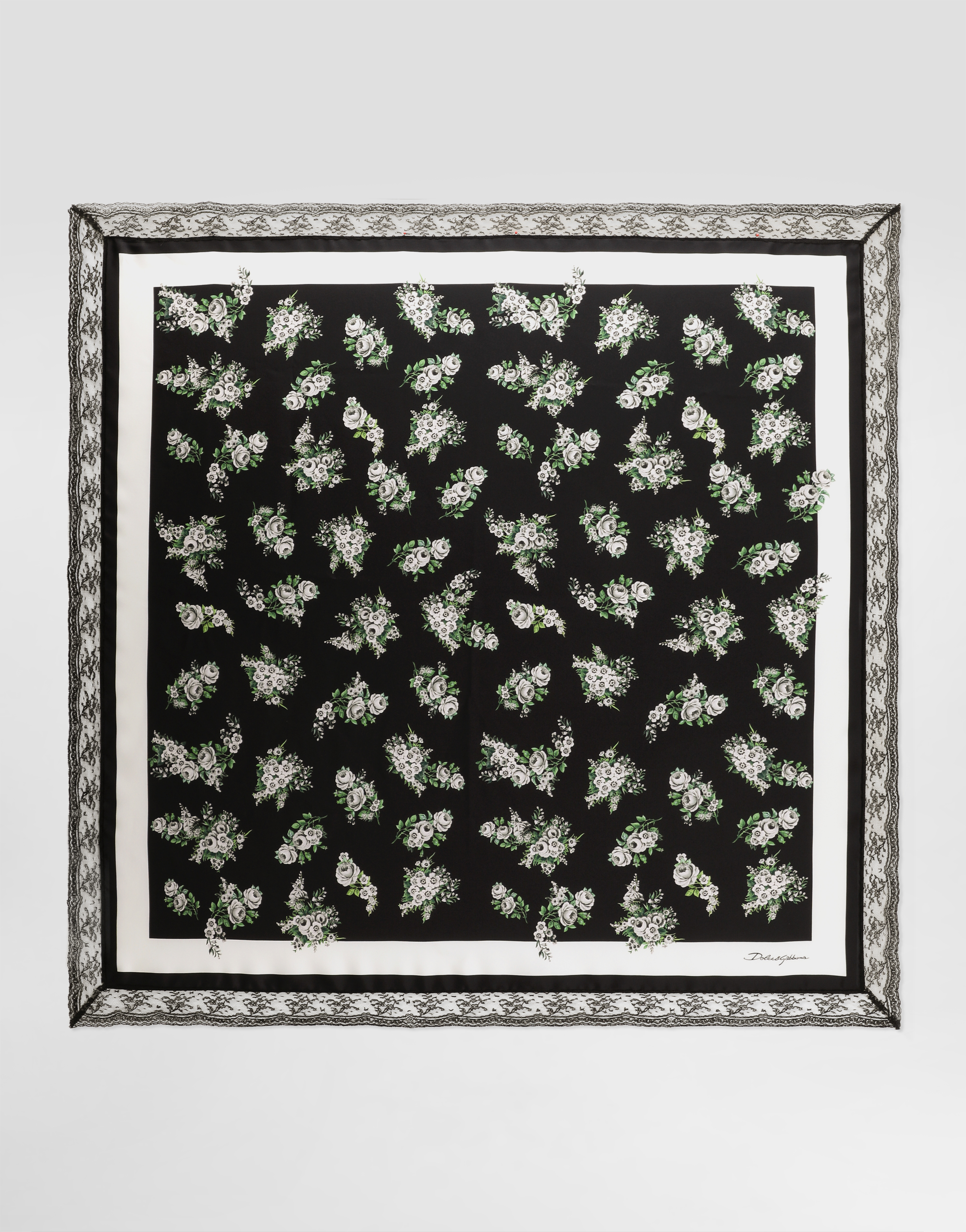  Dolce & Gabbana Dolce & Gabbana 90x90 Small Flower Bouquet-print Silk Twill Scarf With Lace Insert - Woman Scarves And Silks Multicolor Onesize 