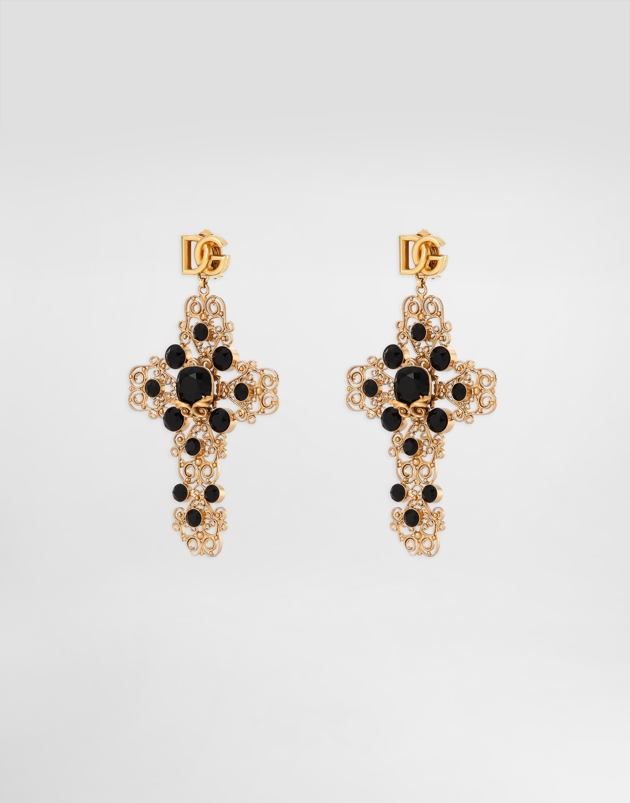 Dolce & Gabbana Drop Earrings With Filigree Cross And Dg Logo In Gold