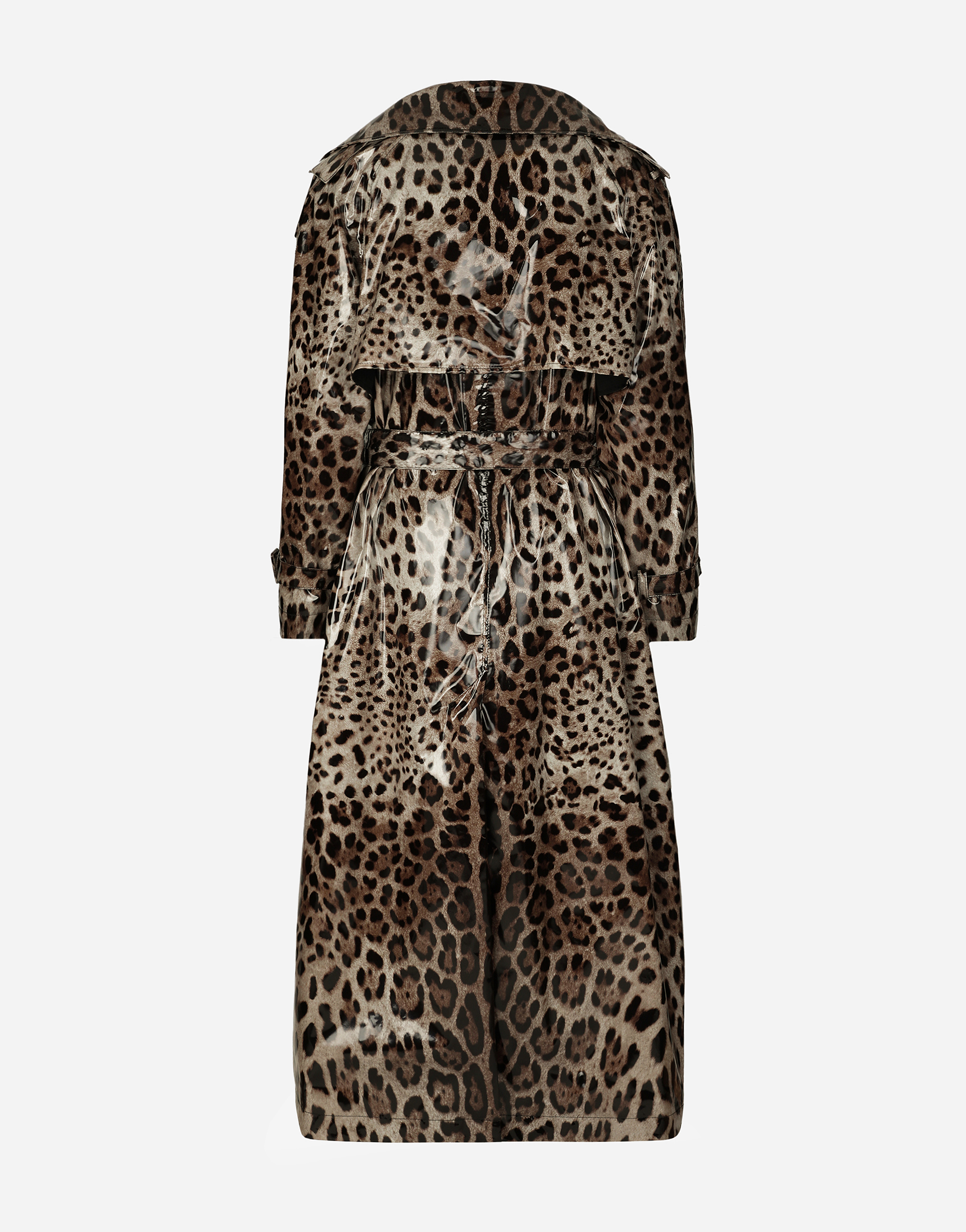 Leopard-print coated satin trench coat