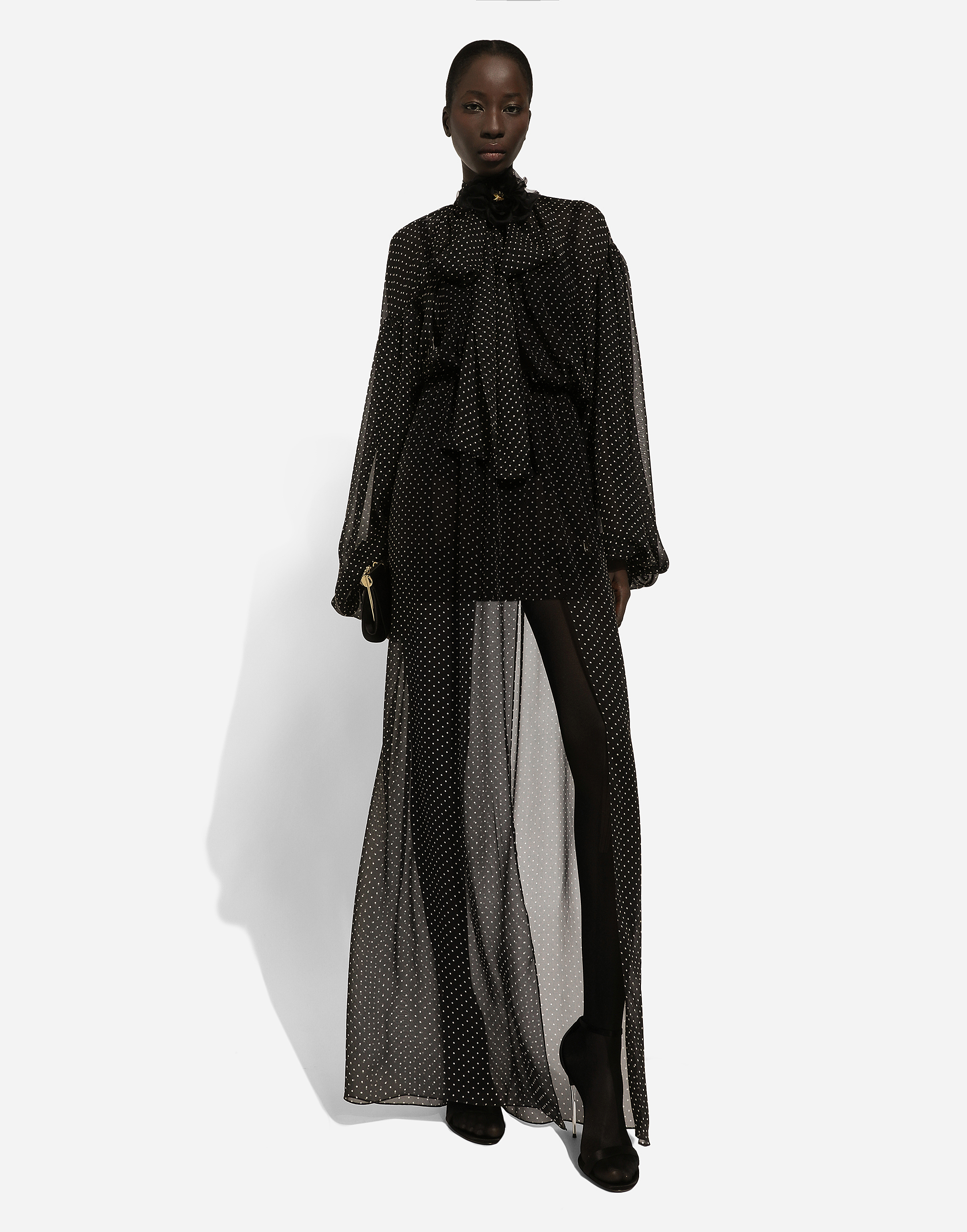 Long silk chiffon dress with polka-dot print, a pussy-bow detail and flower on neck