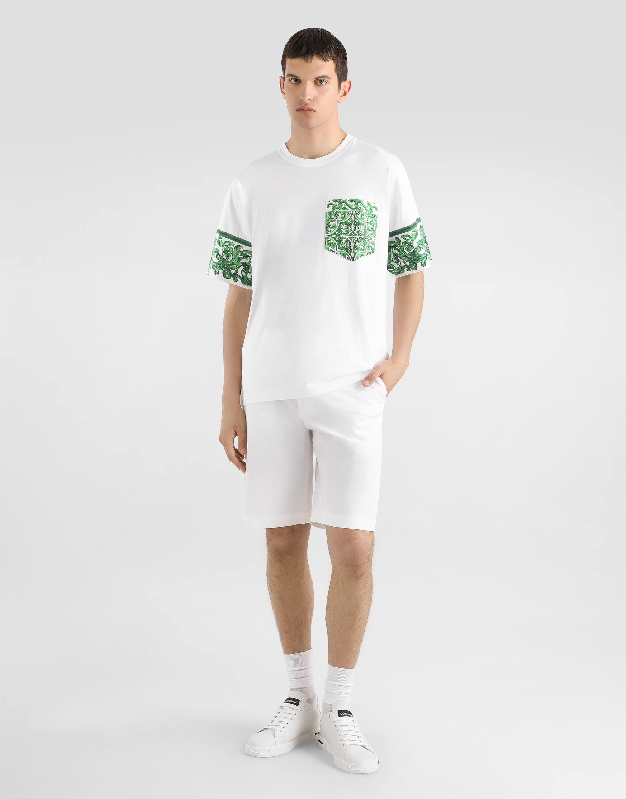 Shop Dolce & Gabbana Stretch Cotton Shorts With Branded Tag In White