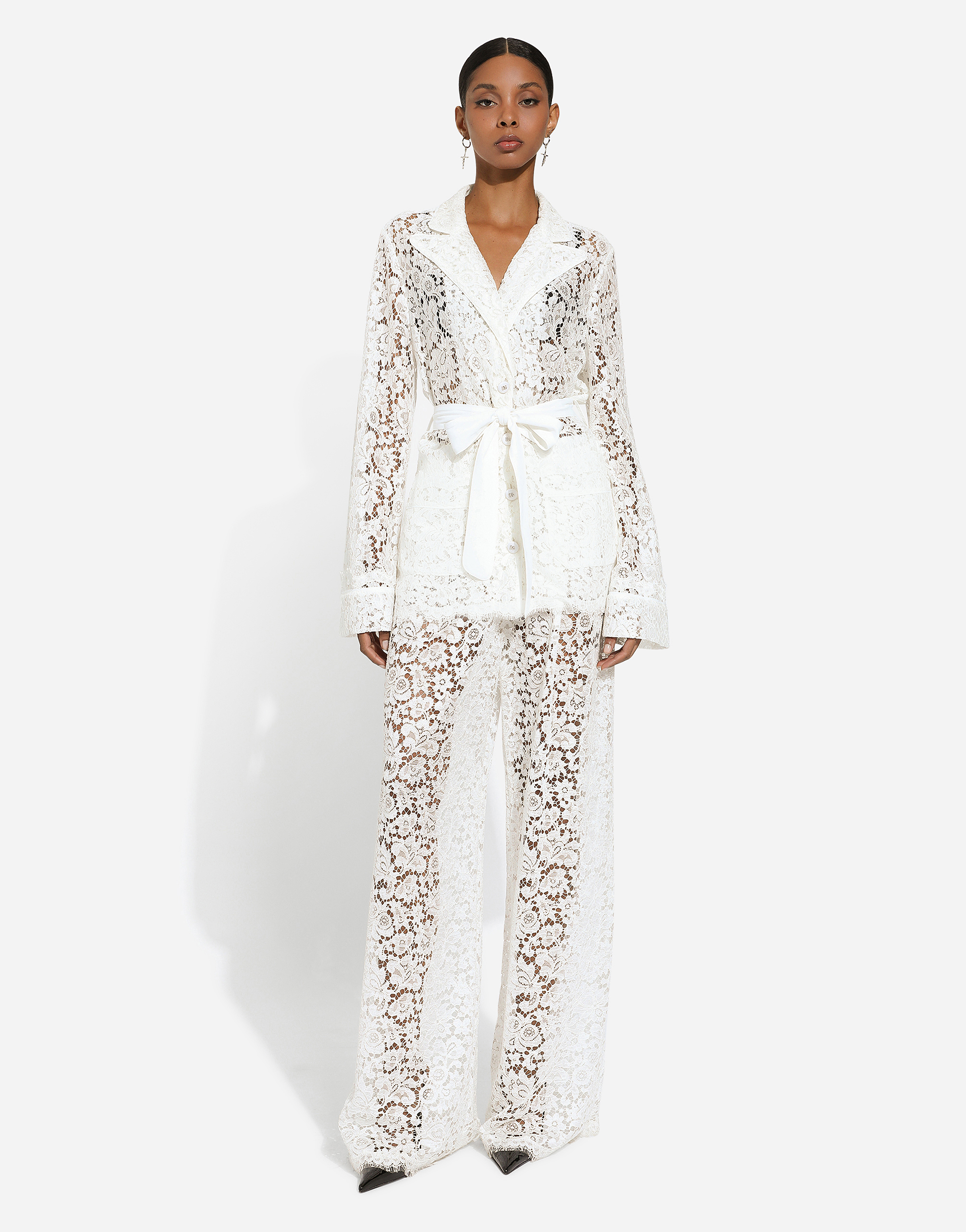 Shop Dolce & Gabbana Floral Cordonetto Lace Pajama Shirt In White