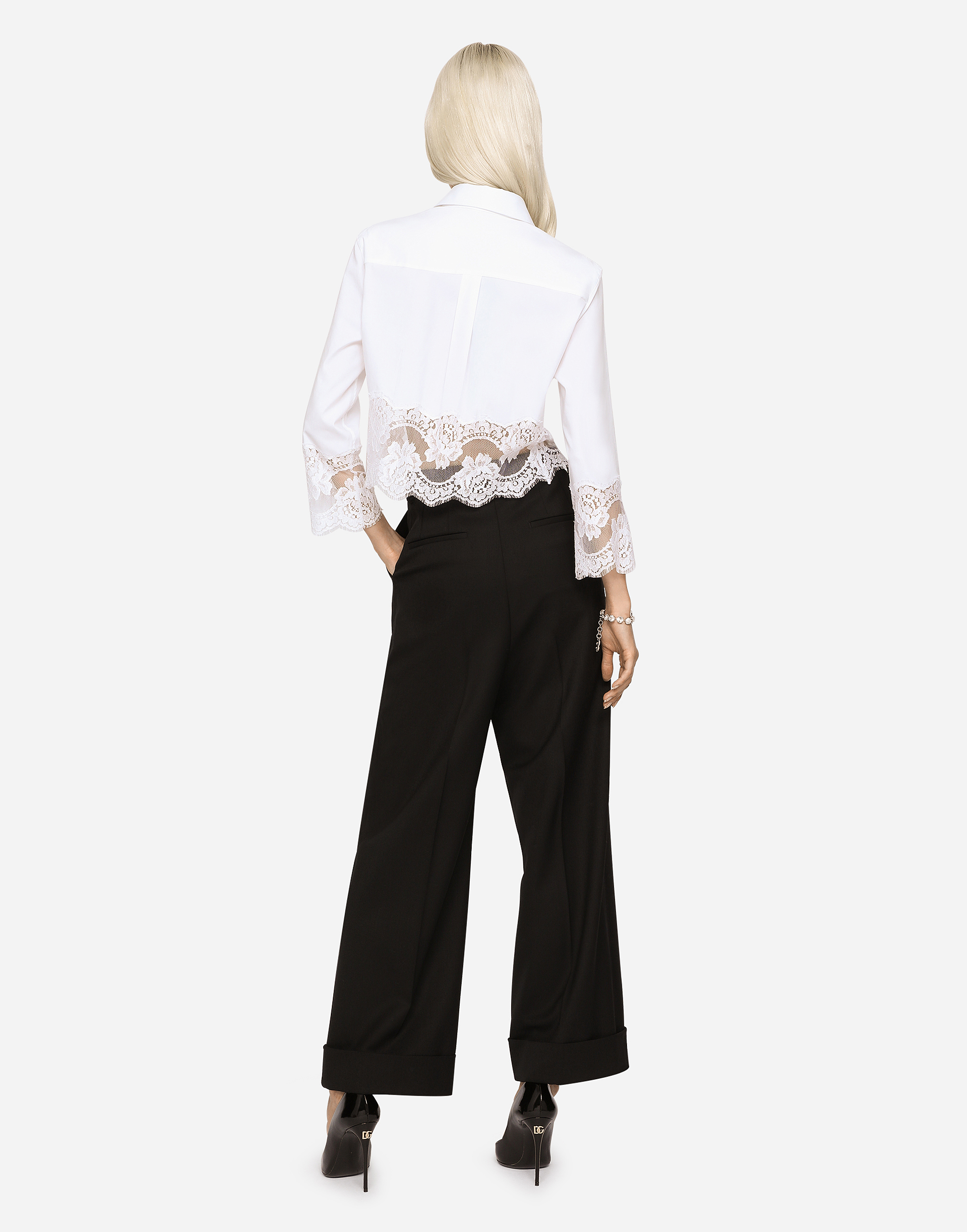 Shop Dolce & Gabbana Cropped Poplin Shirt With Lace Inserts In White