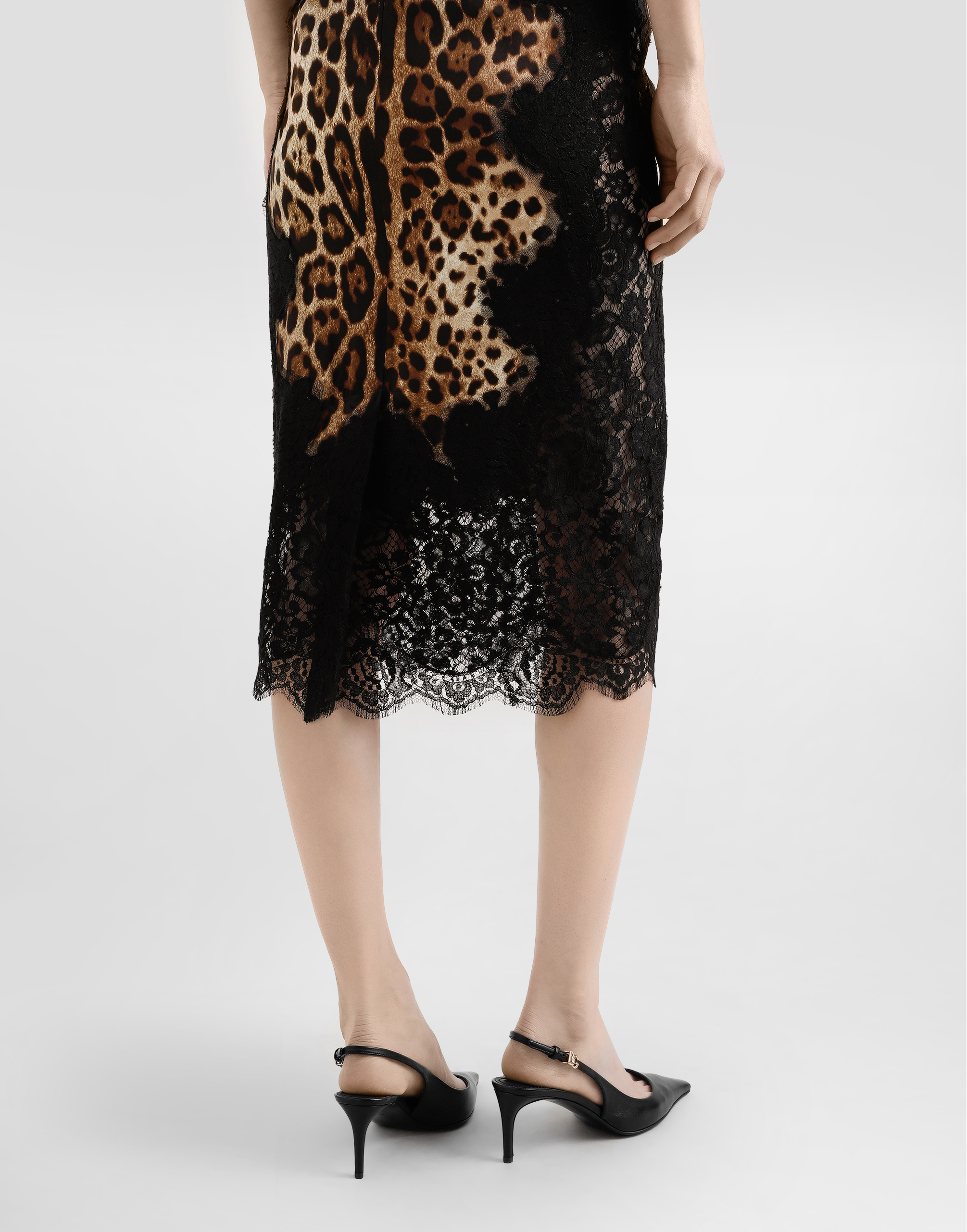 Leopard-print satin midi skirt with lace inserts
