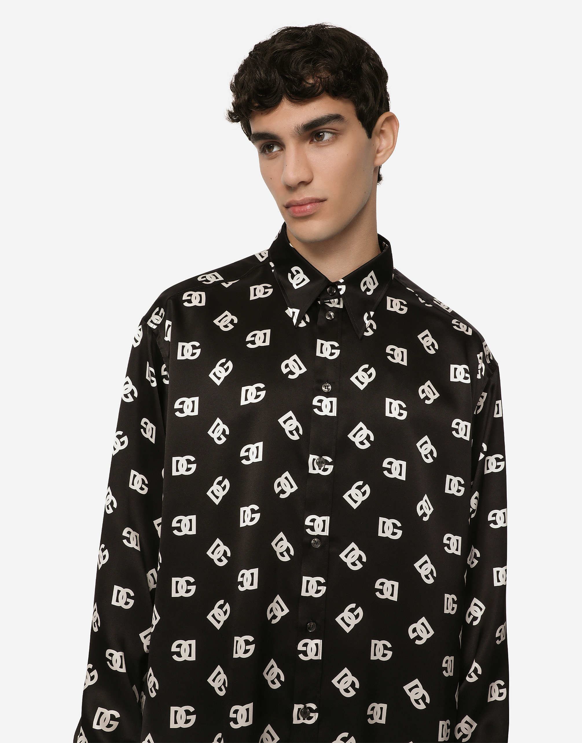 DOLCE & GABBANA OVERSIZE SILK TWILL SHIRT WITH DG MONOGRAM PRINT