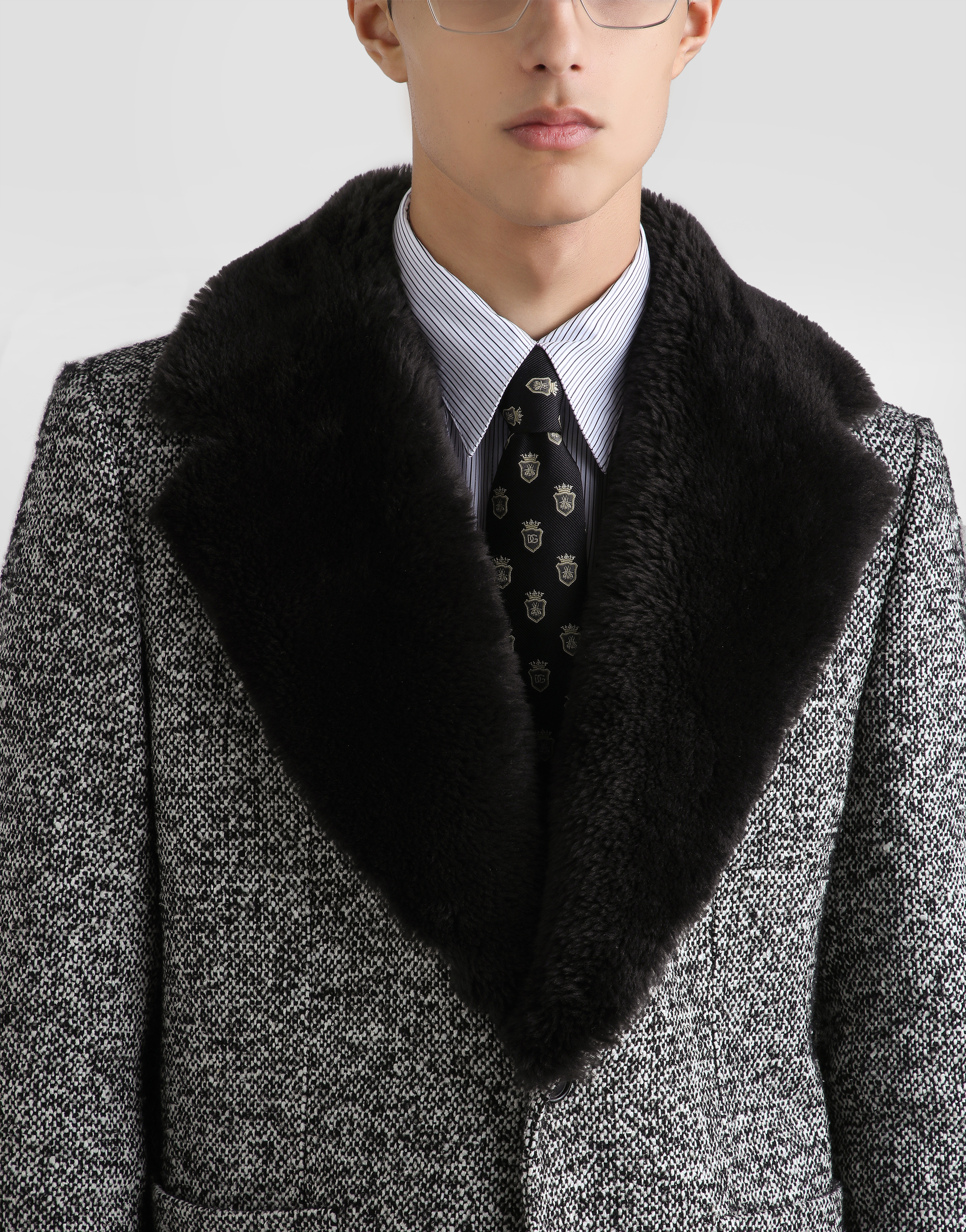 Dolce & Gabbana Single-breasted Dotted Wool Jacket With Fur Collar In Gray