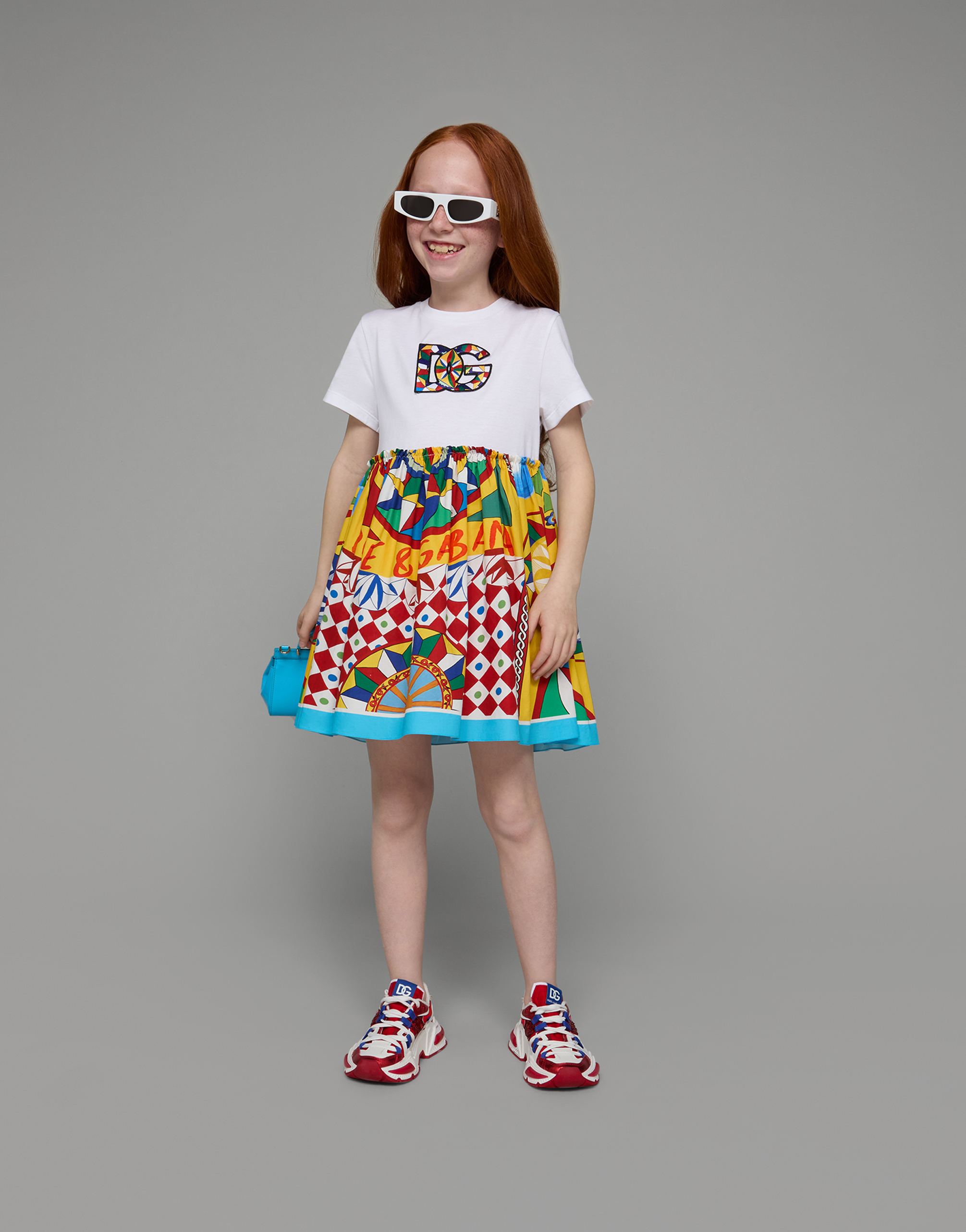 DOLCE & GABBANA CARRETTO-PRINT POPLIN AND JERSEY DRESS