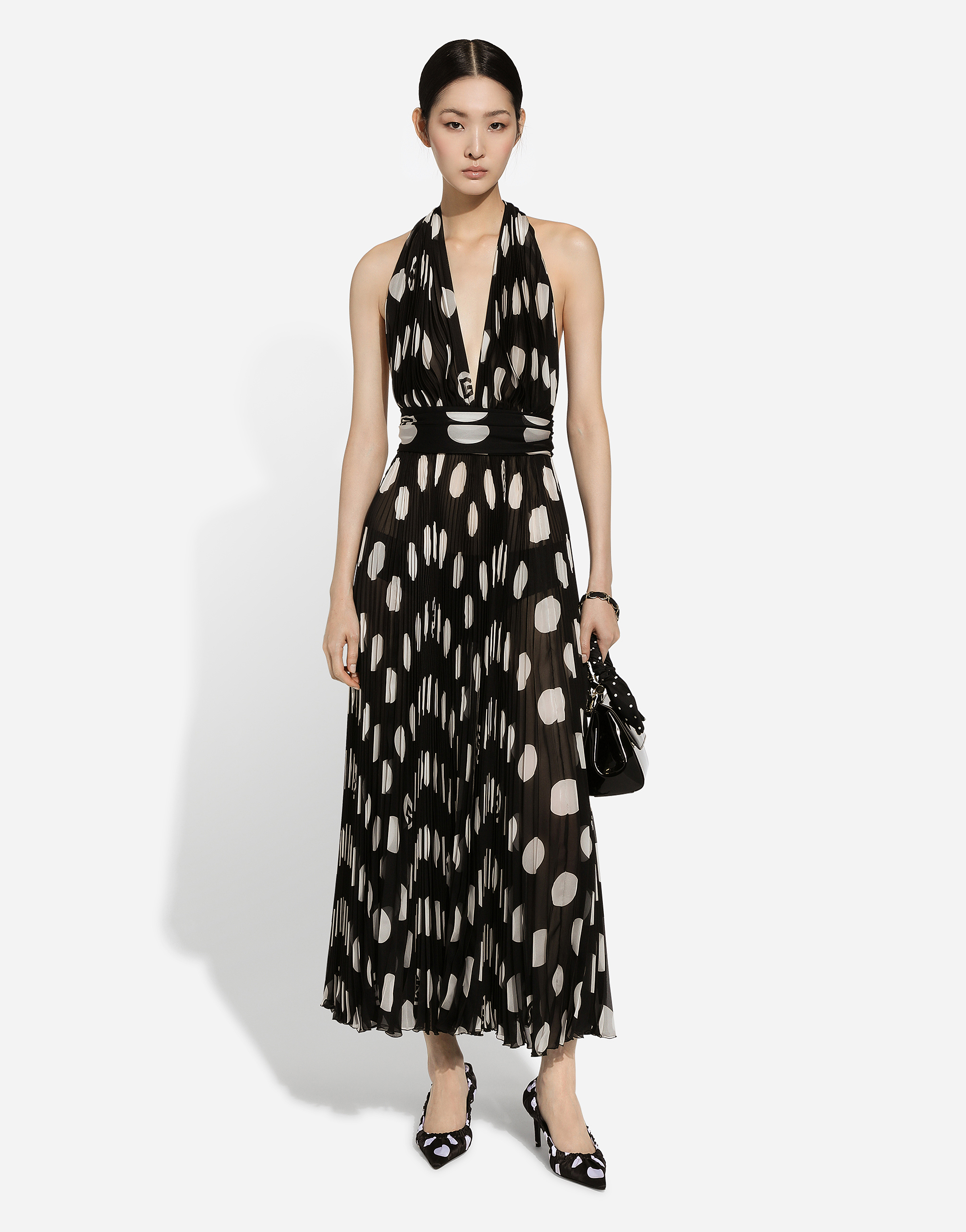 Dolce & Gabbana Pleated Chiffon Calf-length Dress With Polka-dot Print In プリ