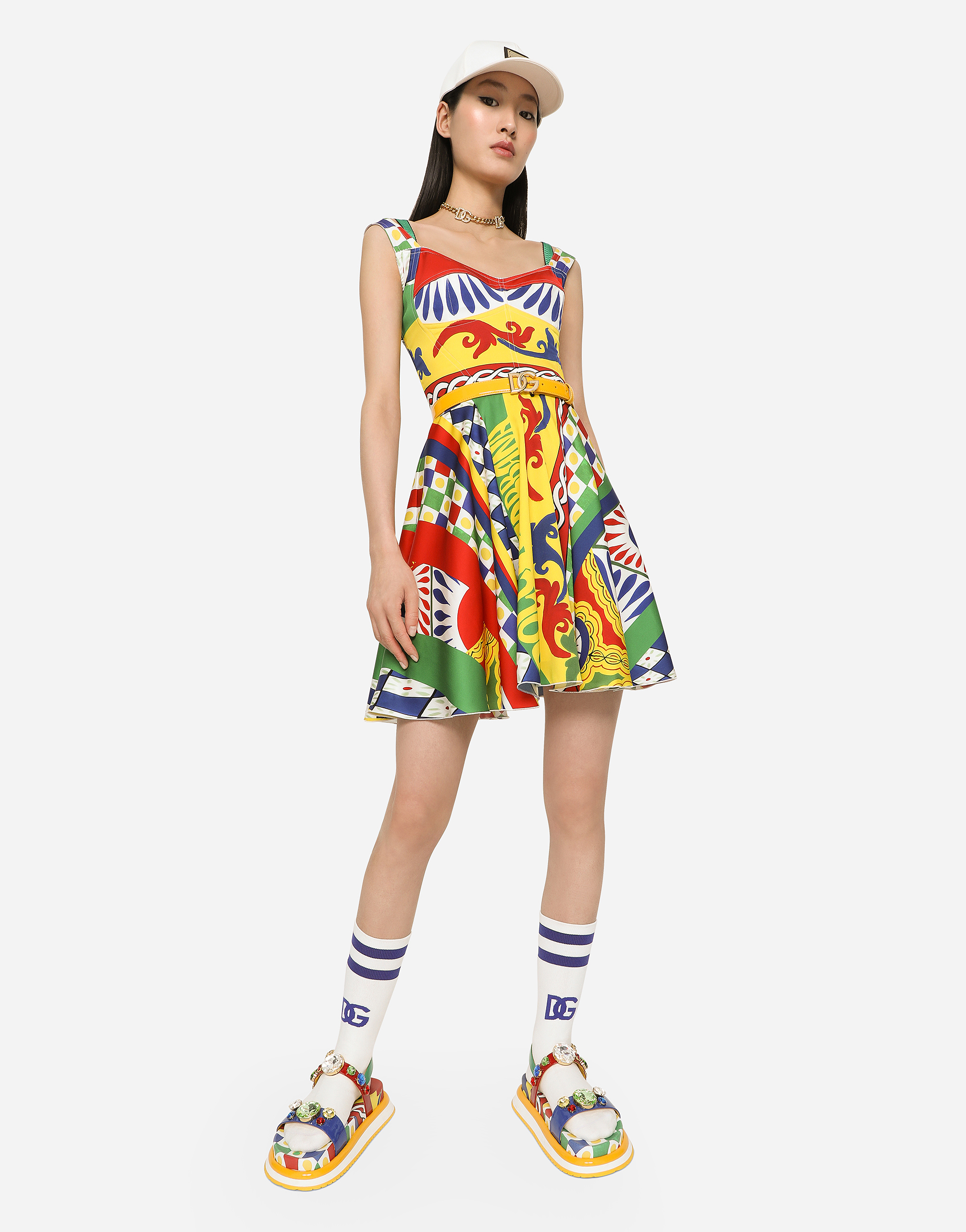 DOLCE & GABBANA SHORT CARRETTO-PRINT CHARMEUSE BUSTIER DRESS