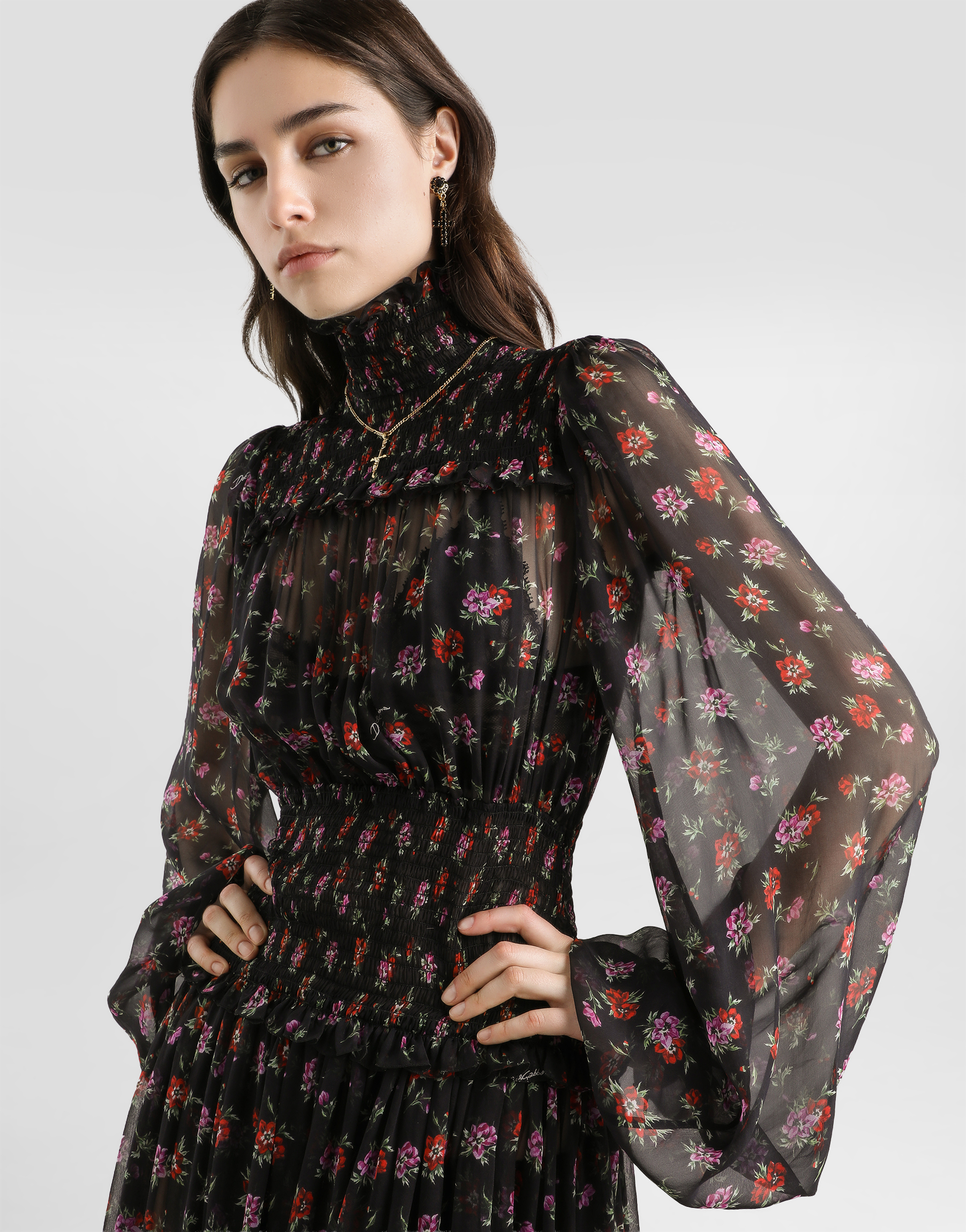 Floral-print long chiffon dress