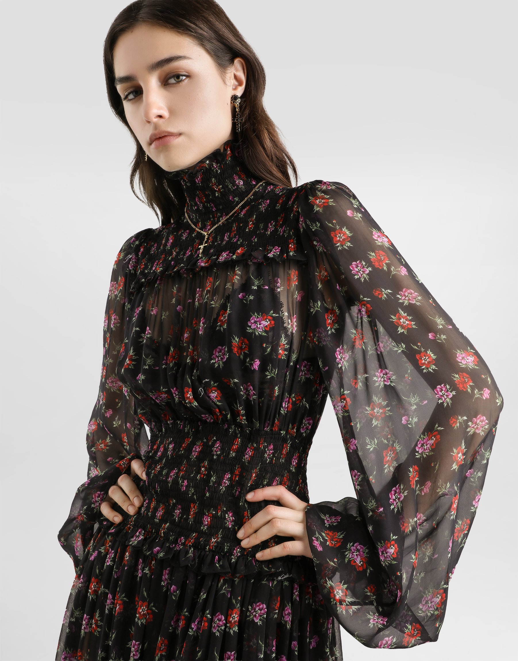 Dolce & Gabbana Floral-print Long Chiffon Dress In Multi