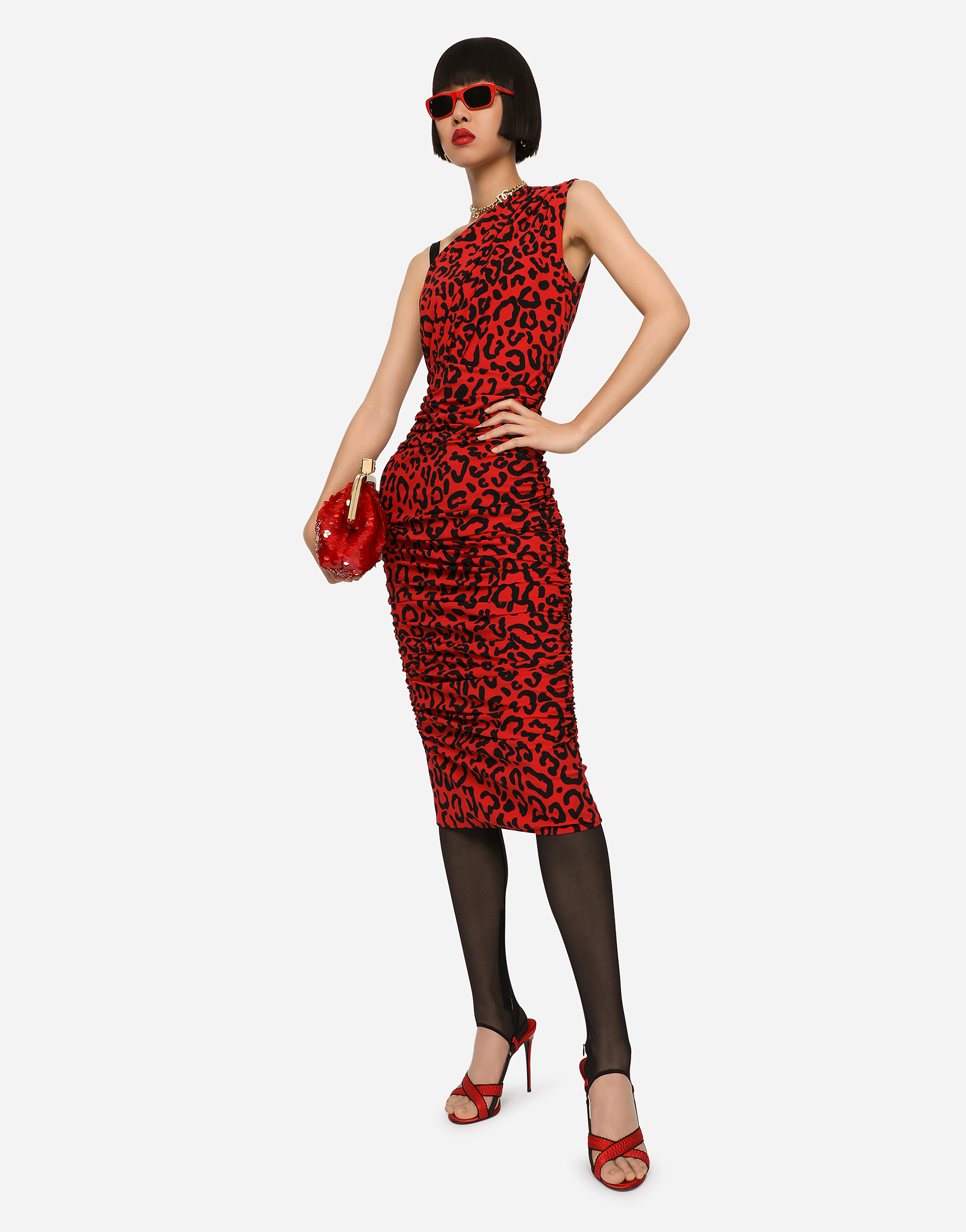 DOLCE & GABBANA ONE-SHOULDER LEOPARD-PRINT JERSEY DRESS