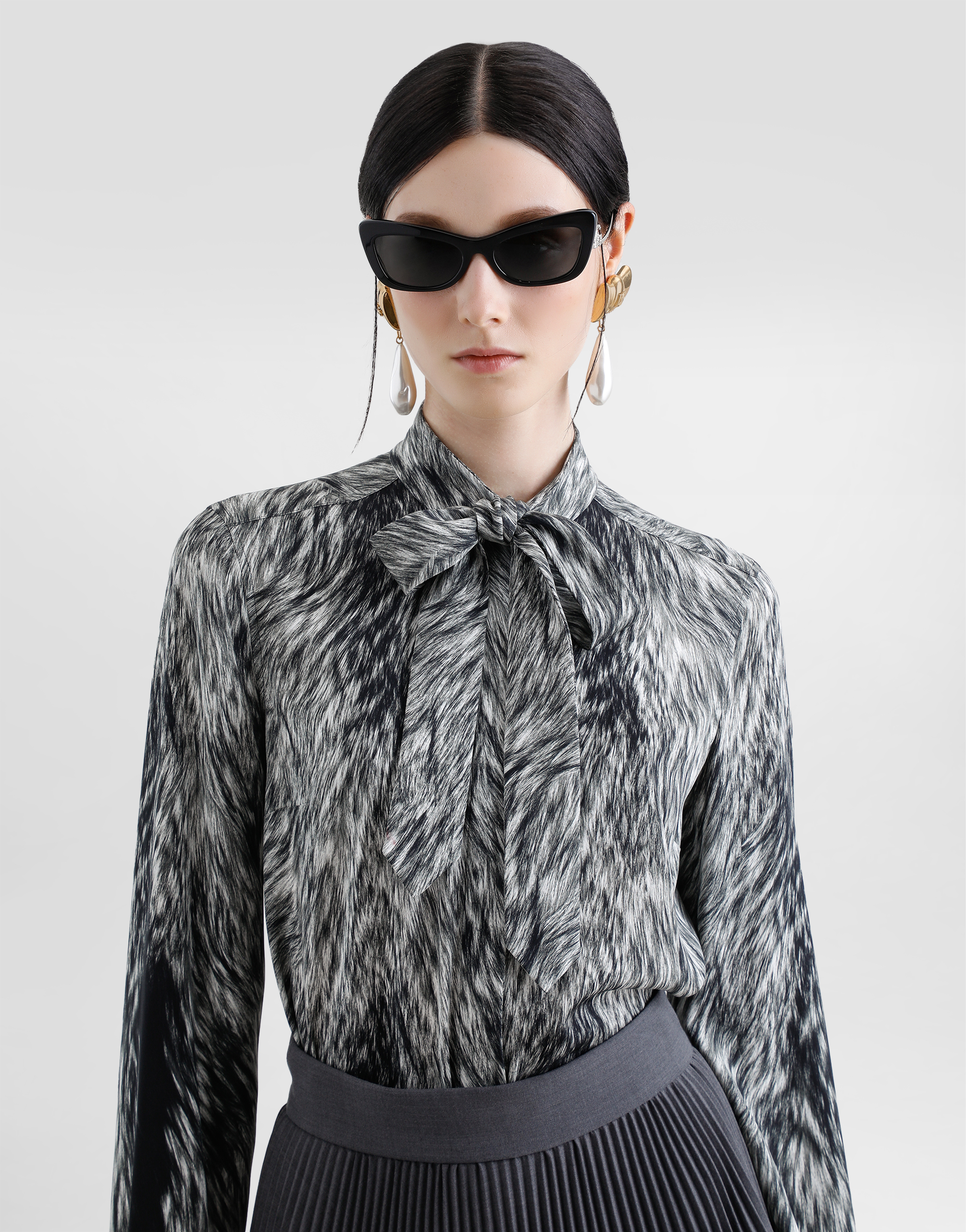Dolce & Gabbana Fur-print Charmeuse Shirt With Pussy-bow In Grey