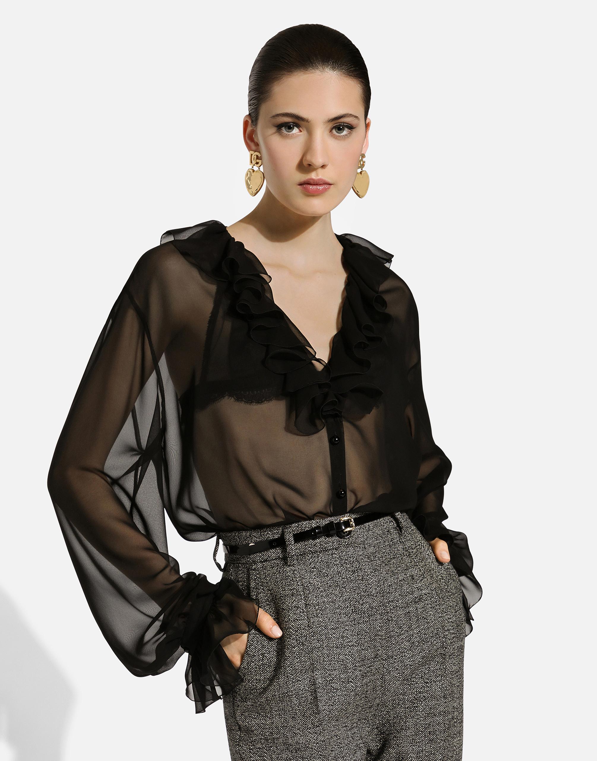 Dolce & Gabbana Sheer Silk Chiffon V-neck Top In Black