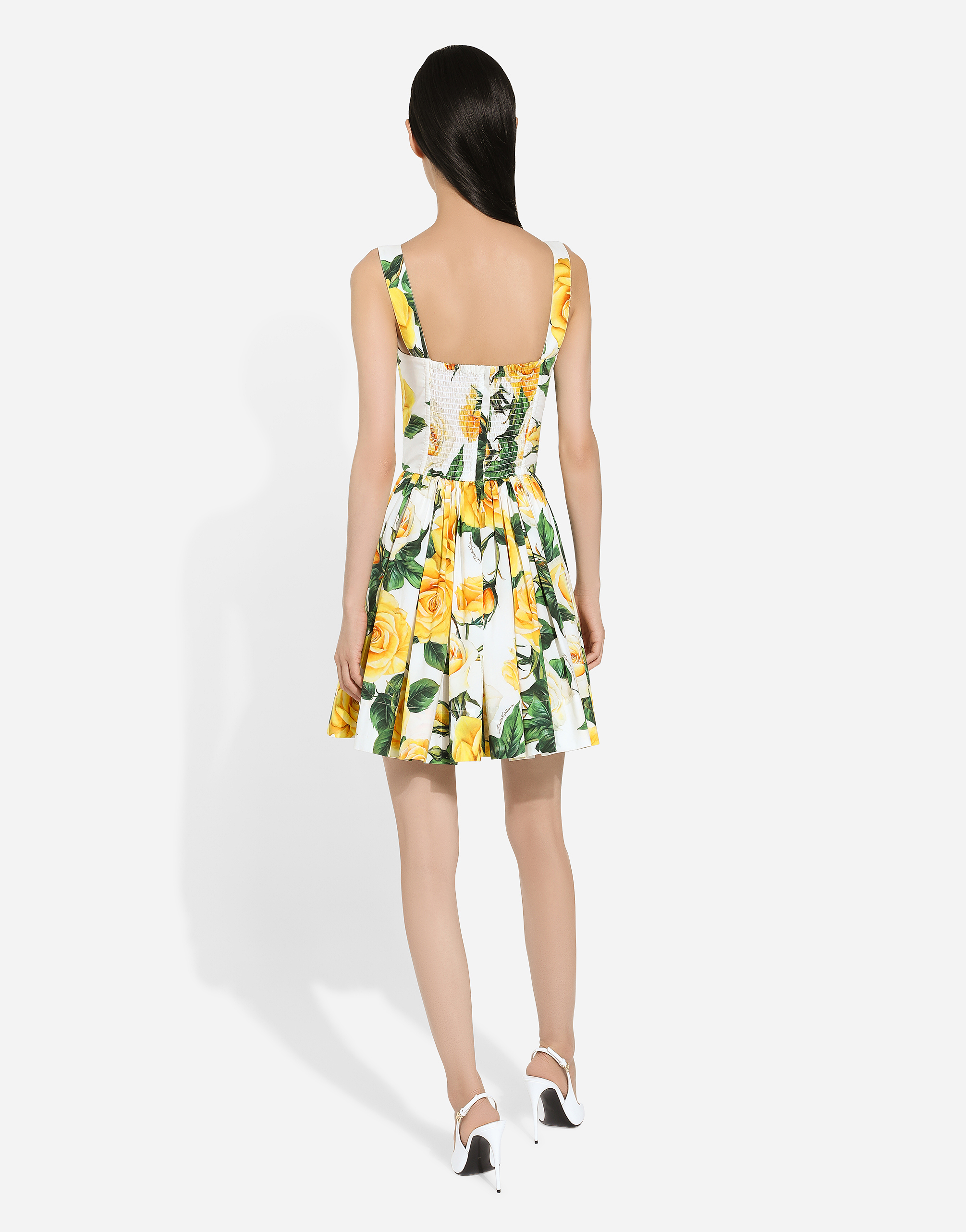 Shop Dolce & Gabbana Short Cotton Corset Dress With Yellow Rose Print