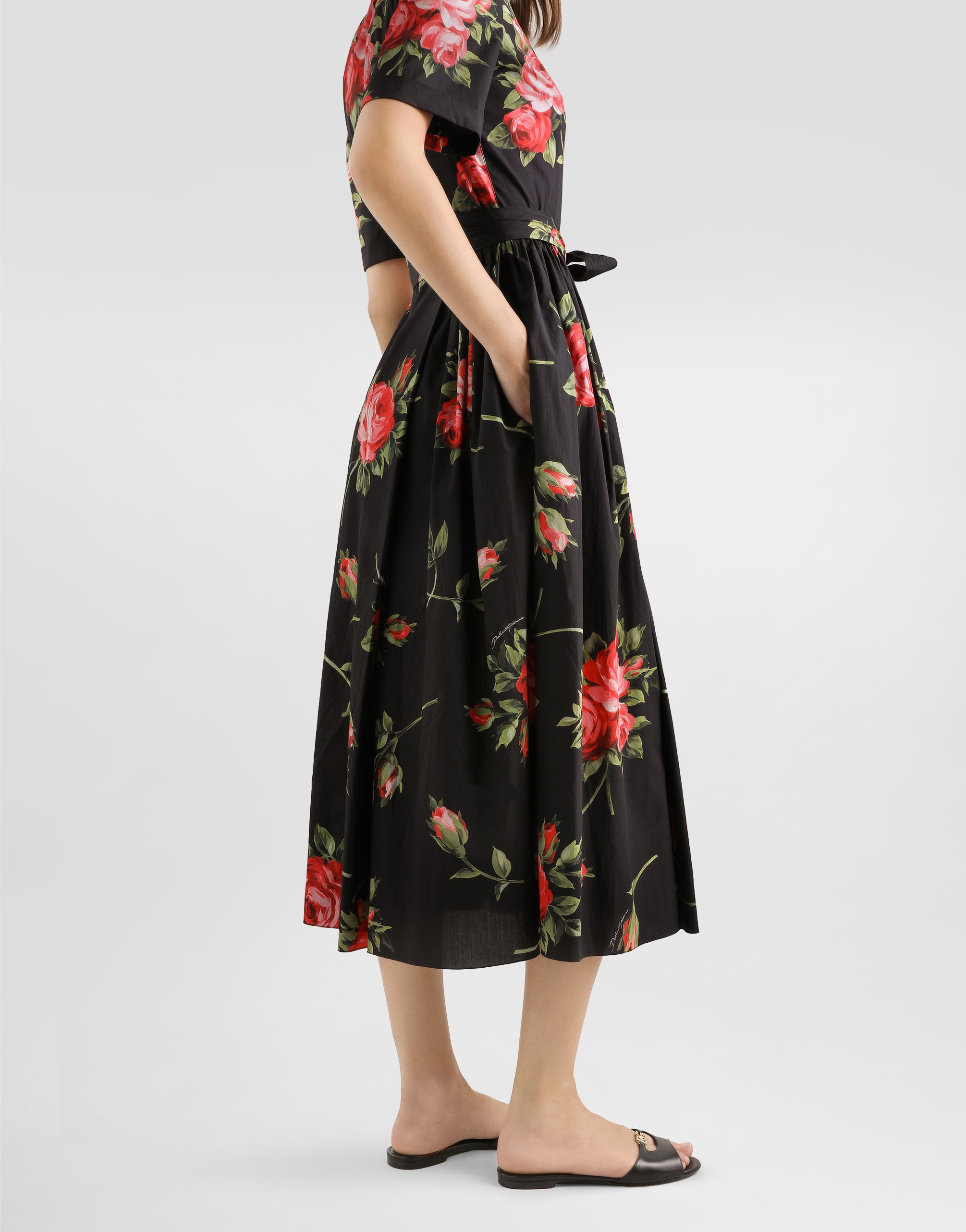 Rose bouquet-print poplin shirt dress