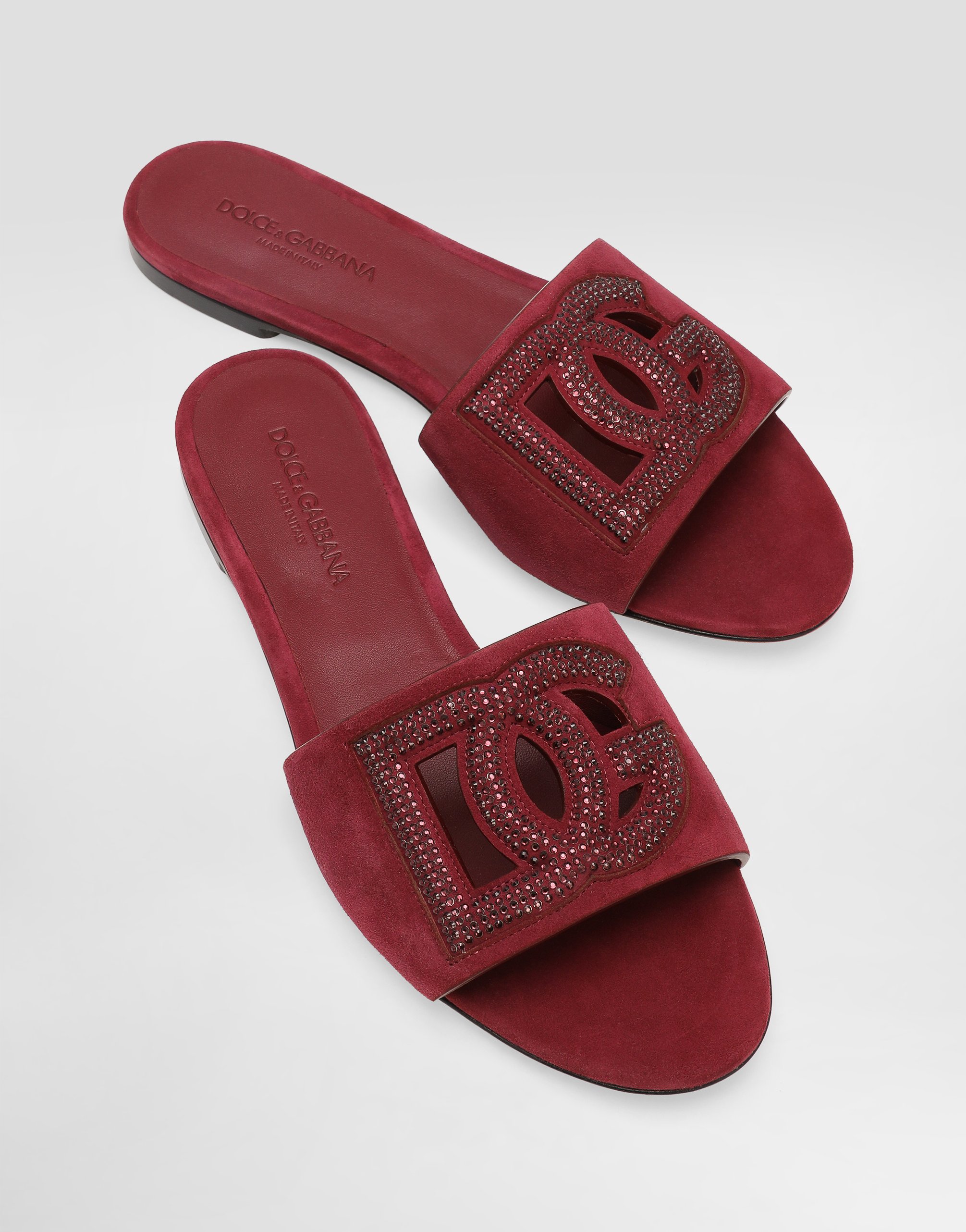 Dolce & Gabbana Suede Slippers With Rhinestones In Red