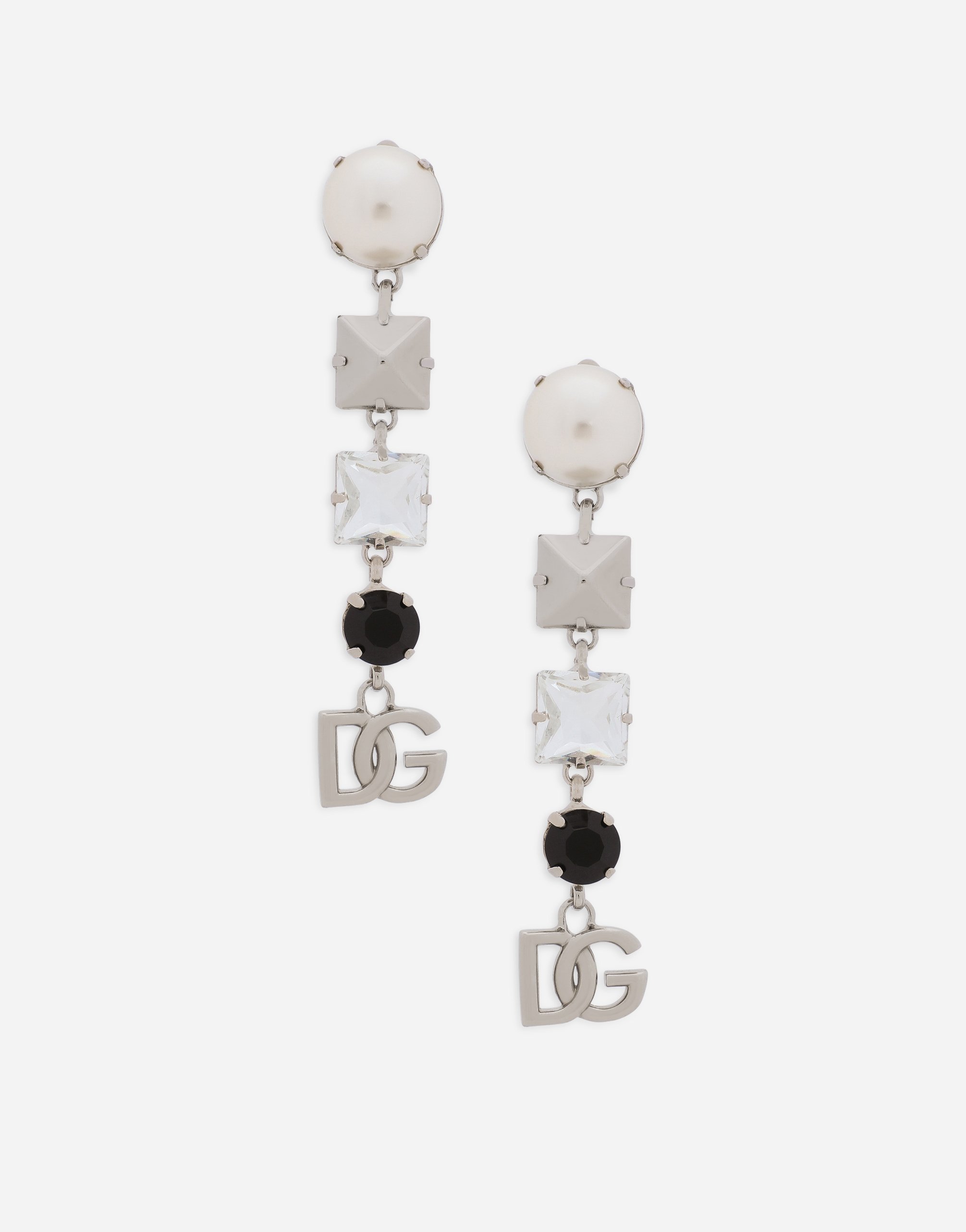 Dolce & Gabbana Drop Earrings With Rhinestones And Dg Logo - Woman Bijoux Silver Metal Onesize
