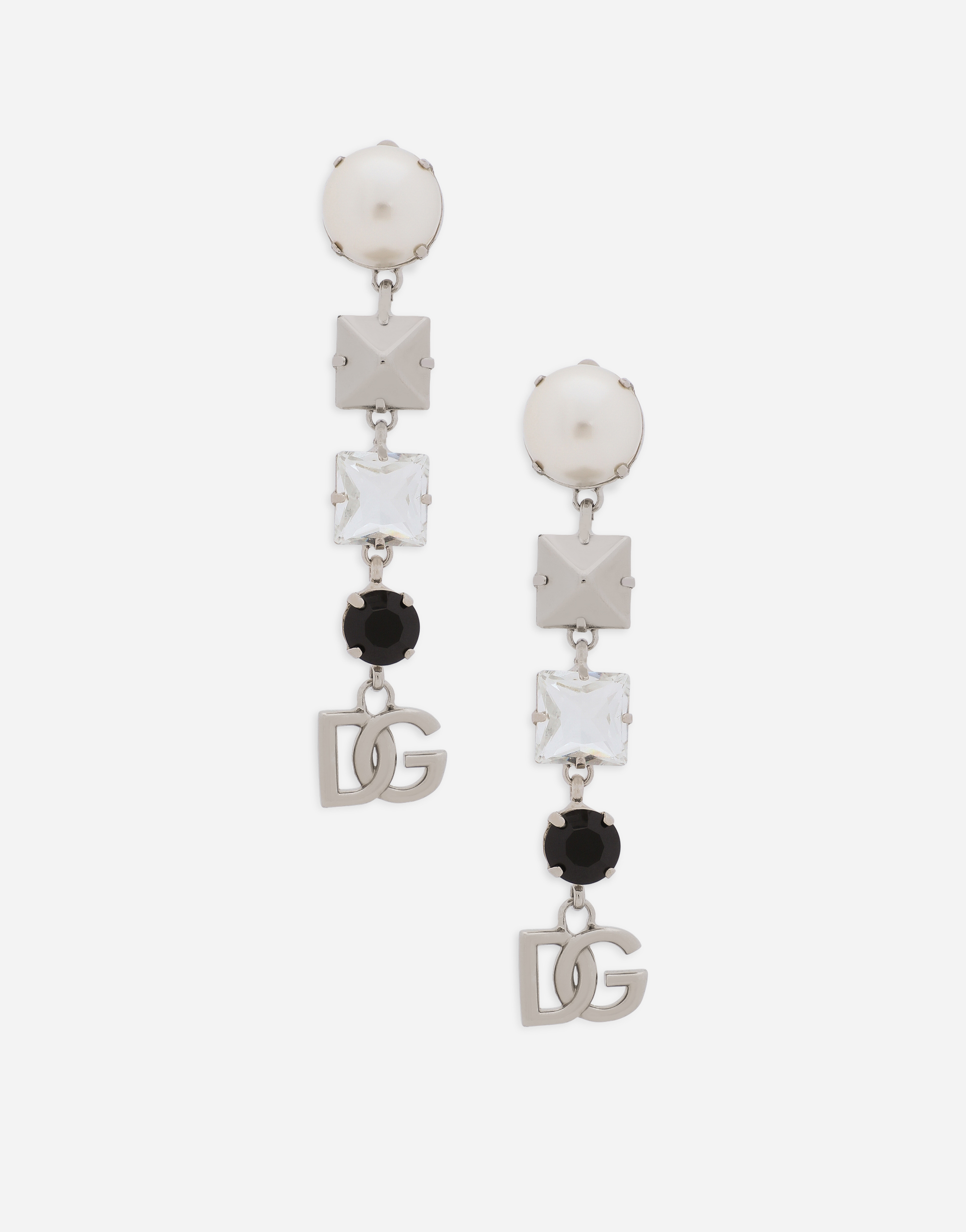 Dolce & Gabbana Drop Earrings With Rhinestones And Dg Logo - Woman Bijoux Silver Metal Onesize