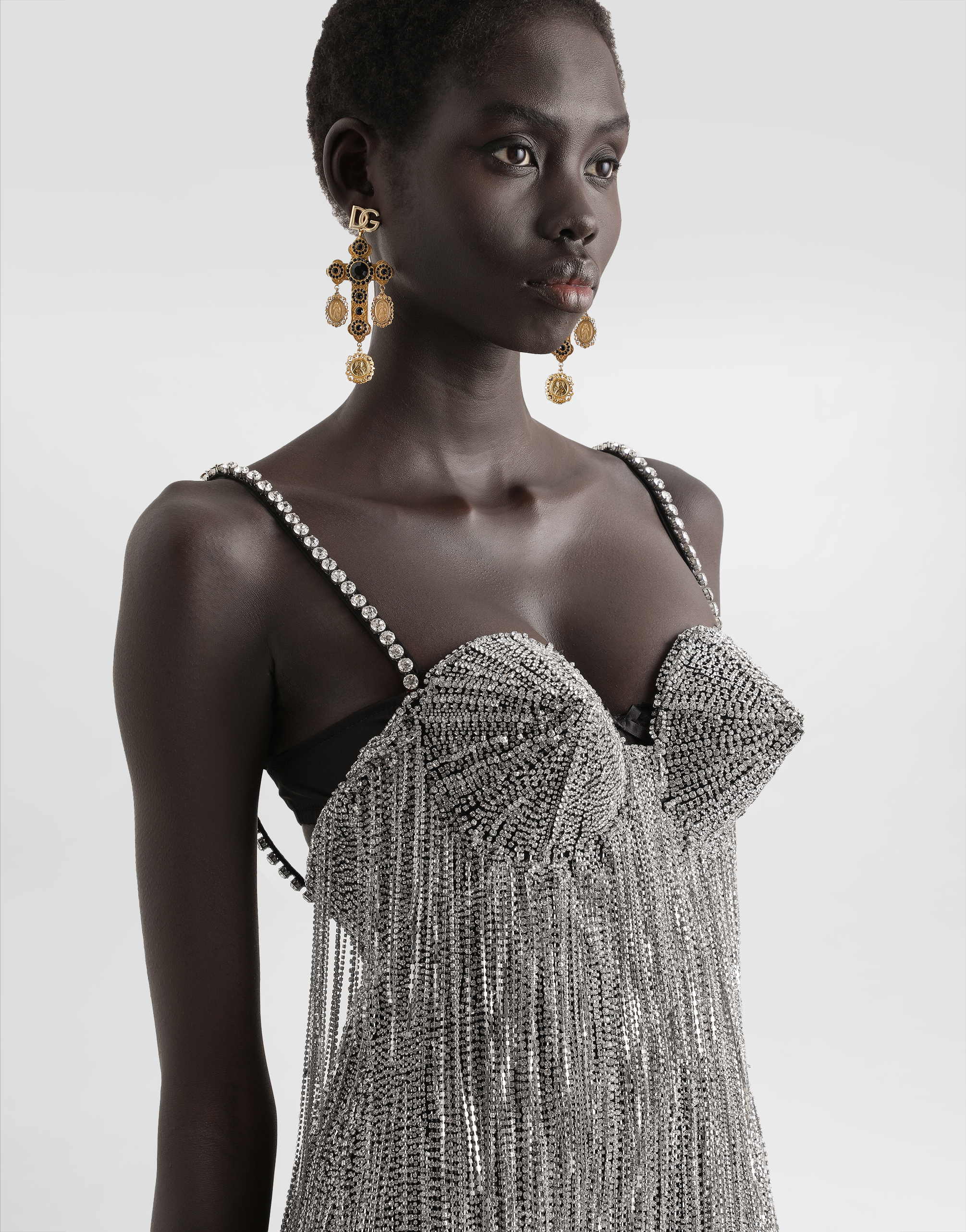 Dolce & Gabbana Marquisette Calf-length Dress With Sequined Fringing In Multicolor