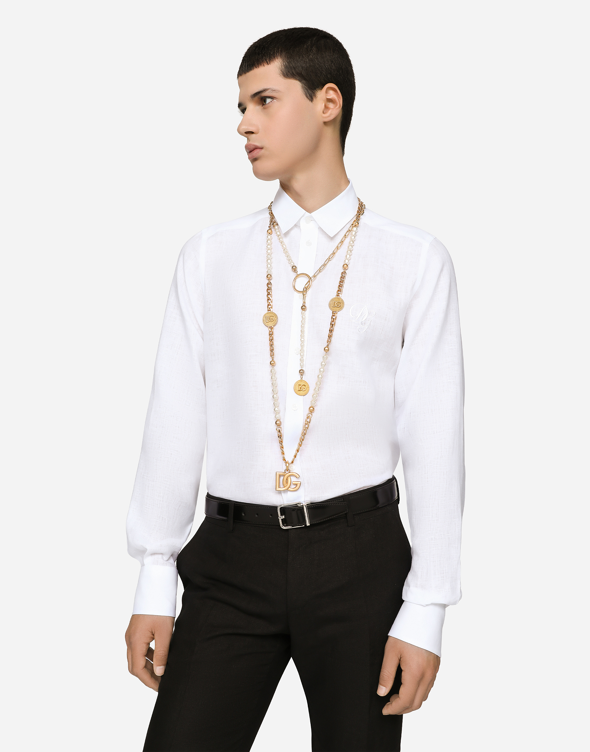DOLCE & GABBANA LINEN MARTINI-FIT SHIRT WITH DG EMBROIDERY