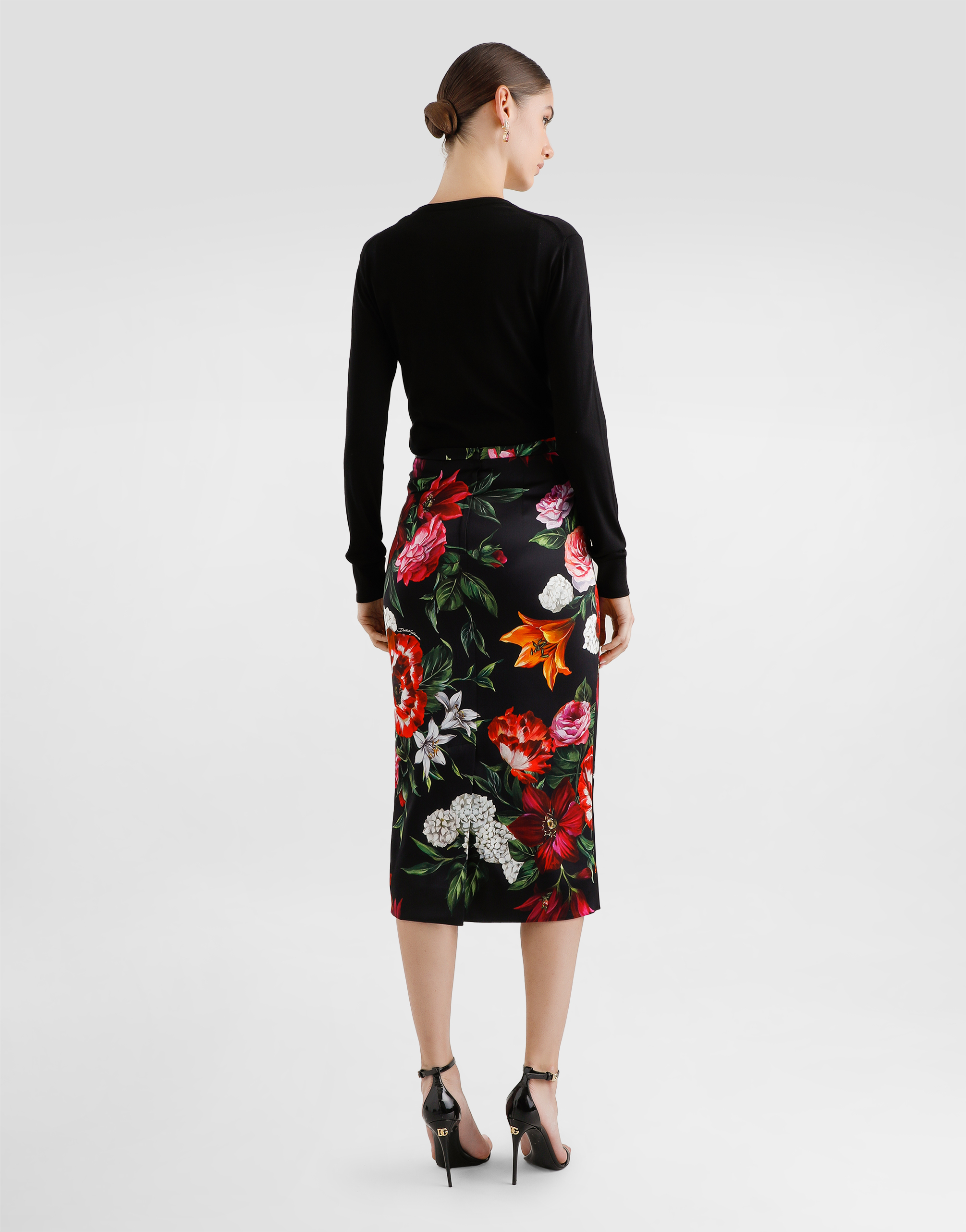 Flower-print satin skirt
