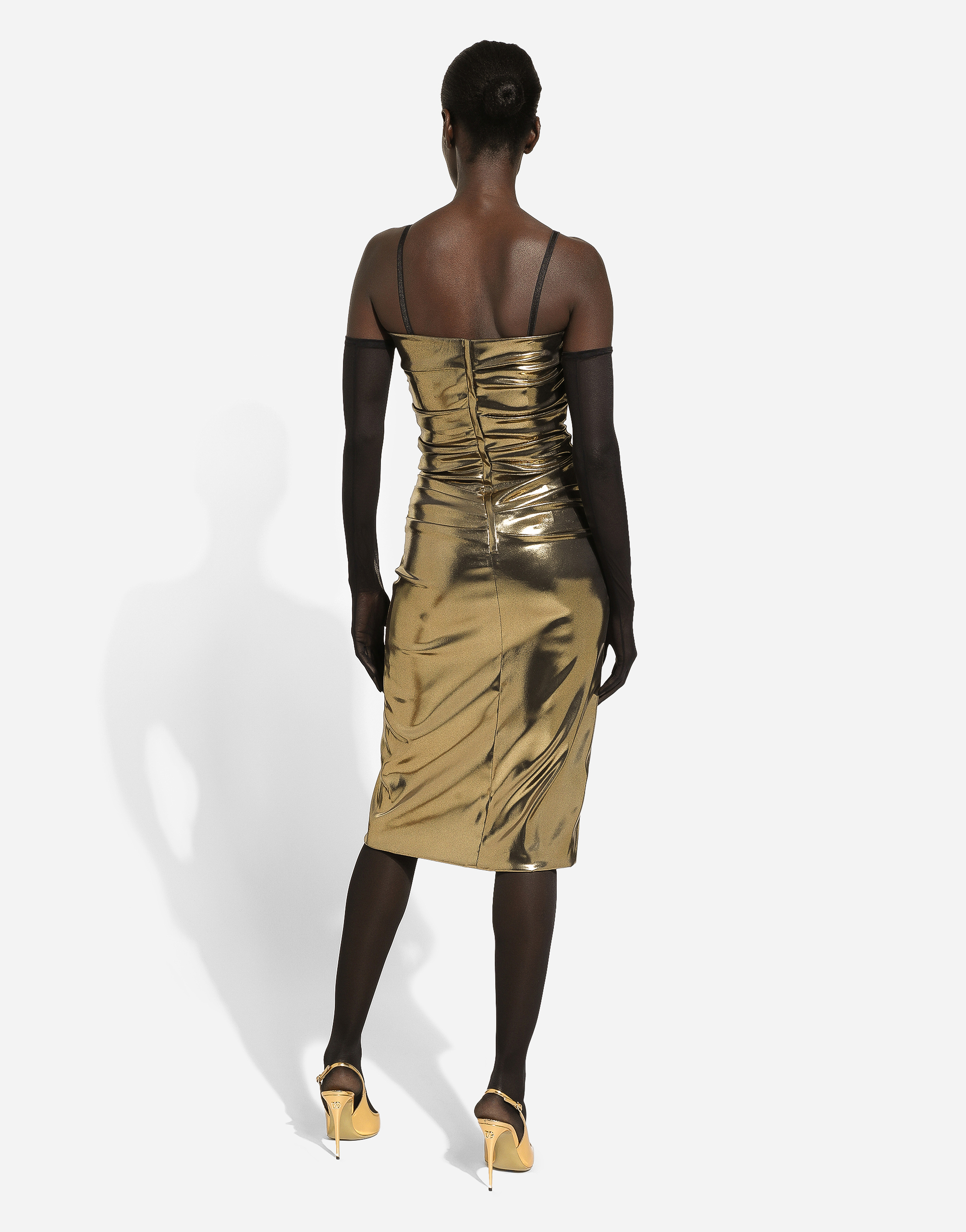 DOLCE & GABBANA FOILED SATIN STRAPLESS CALF-LENGTH DRESS