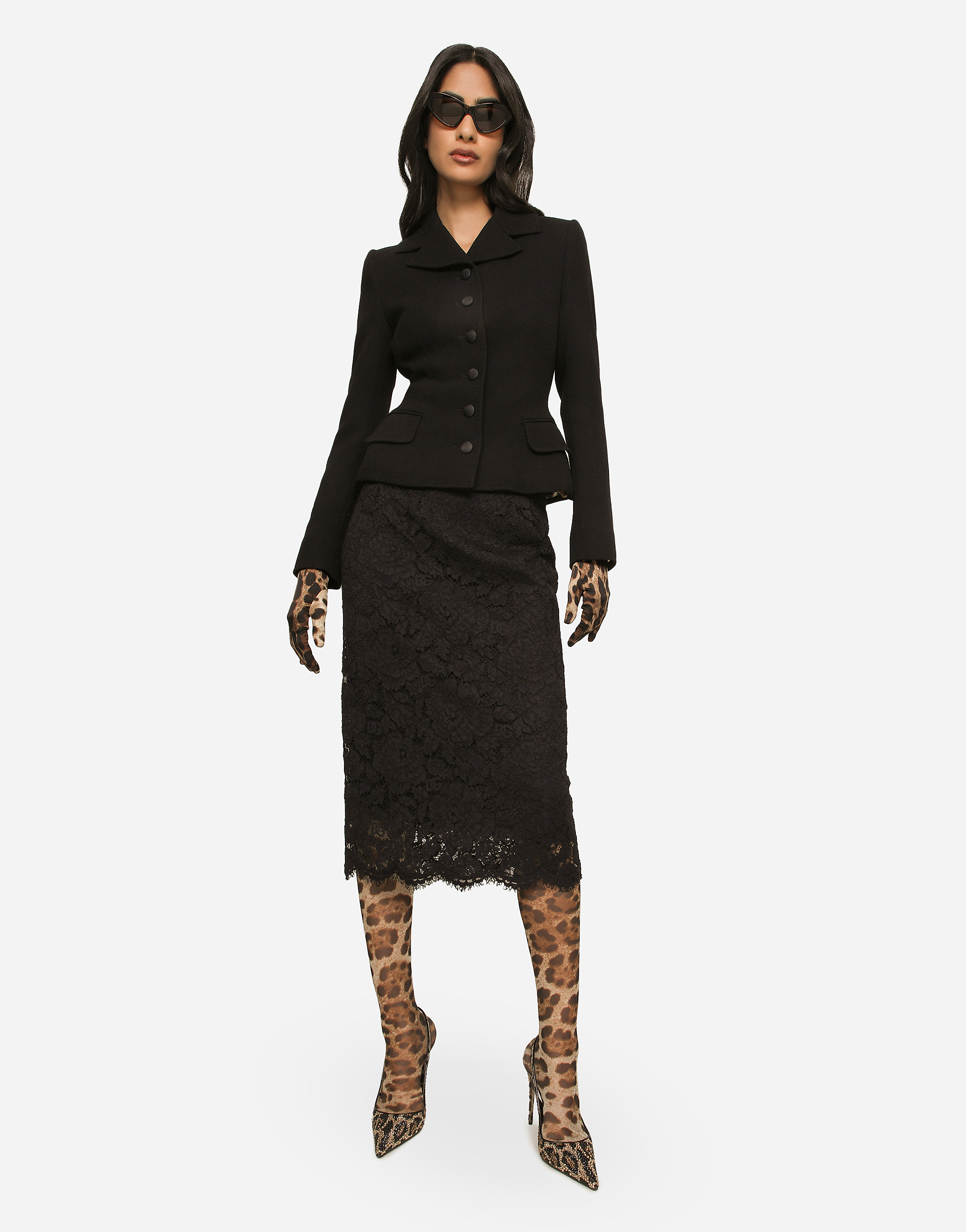 Shop Dolce & Gabbana Branded Stretch Lace Midi Skirt In Black