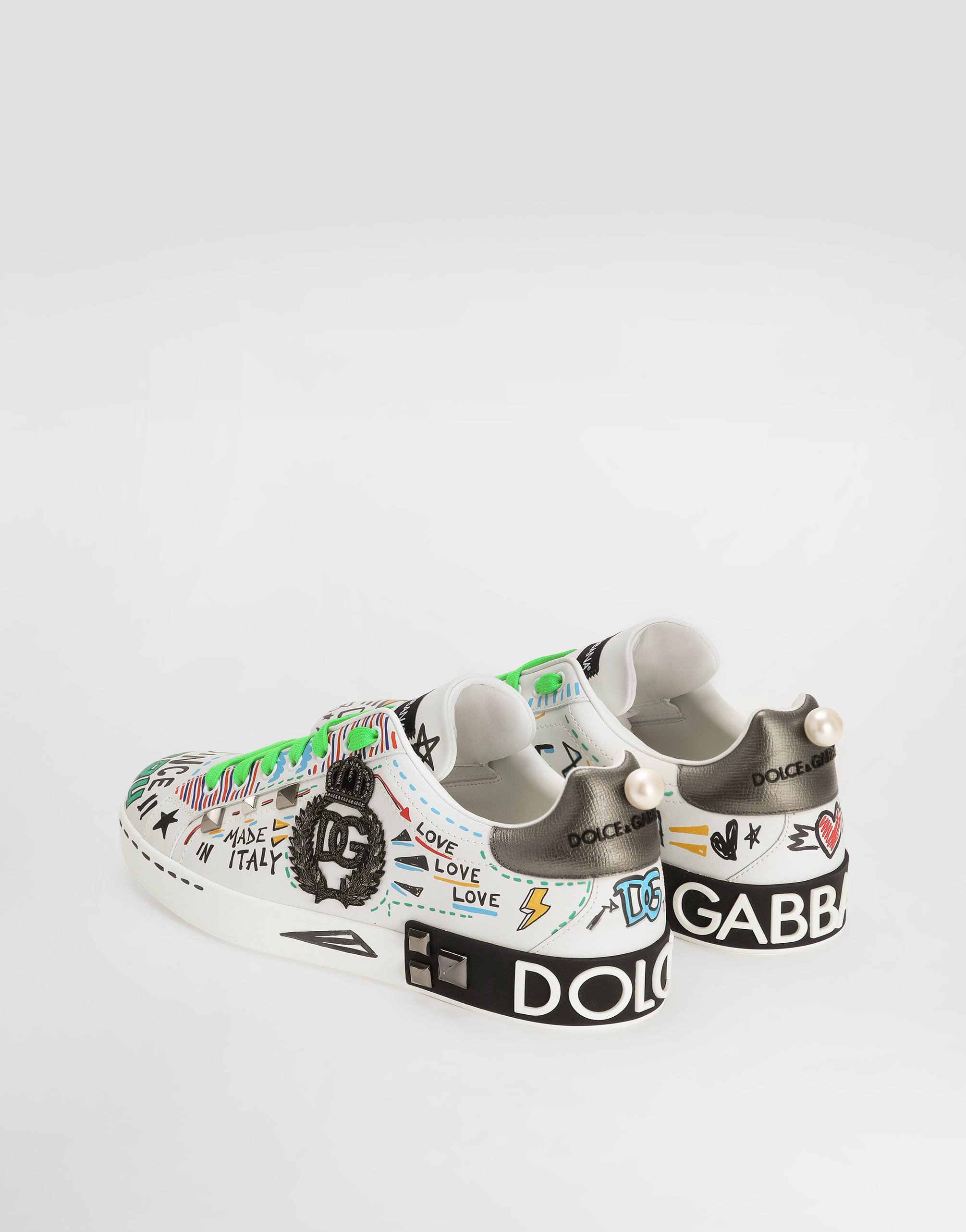 Calfskin Portofino sneakers with embroidery and studs