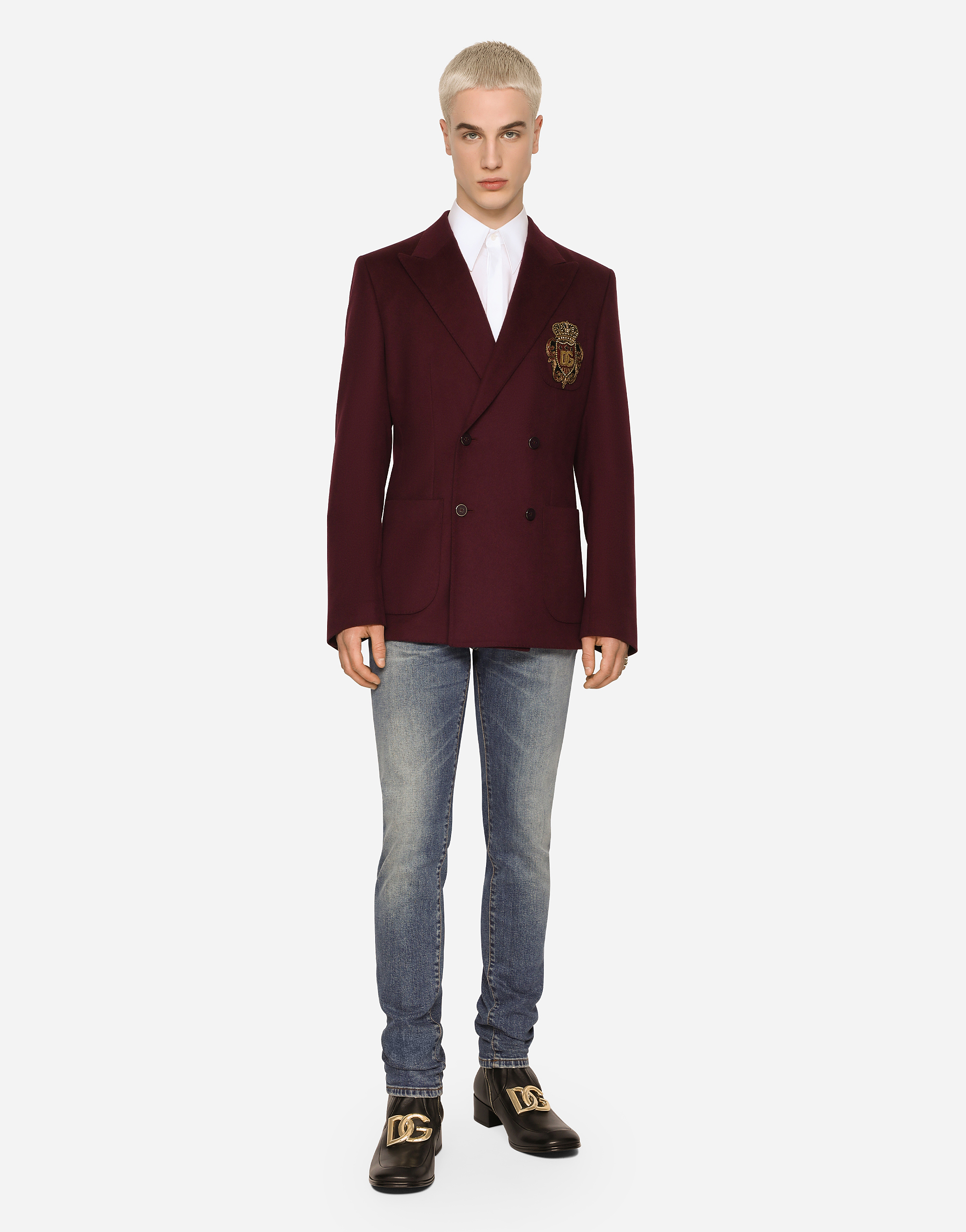 Dolce & Gabbana Double-breasted Wool And Cashmere Jacket With Dg Patch In Multicolor