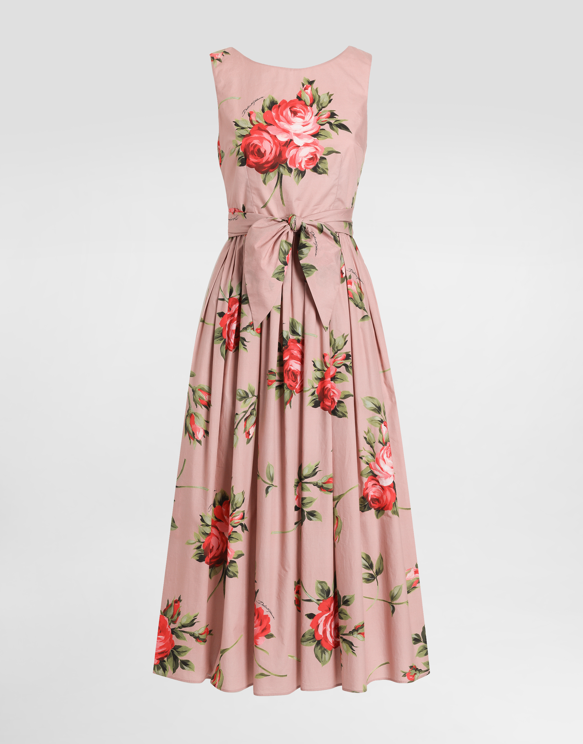Dolce & Gabbana Cotton Sleeveless Boat Neck Floral Print Midi Dress In Animal Print