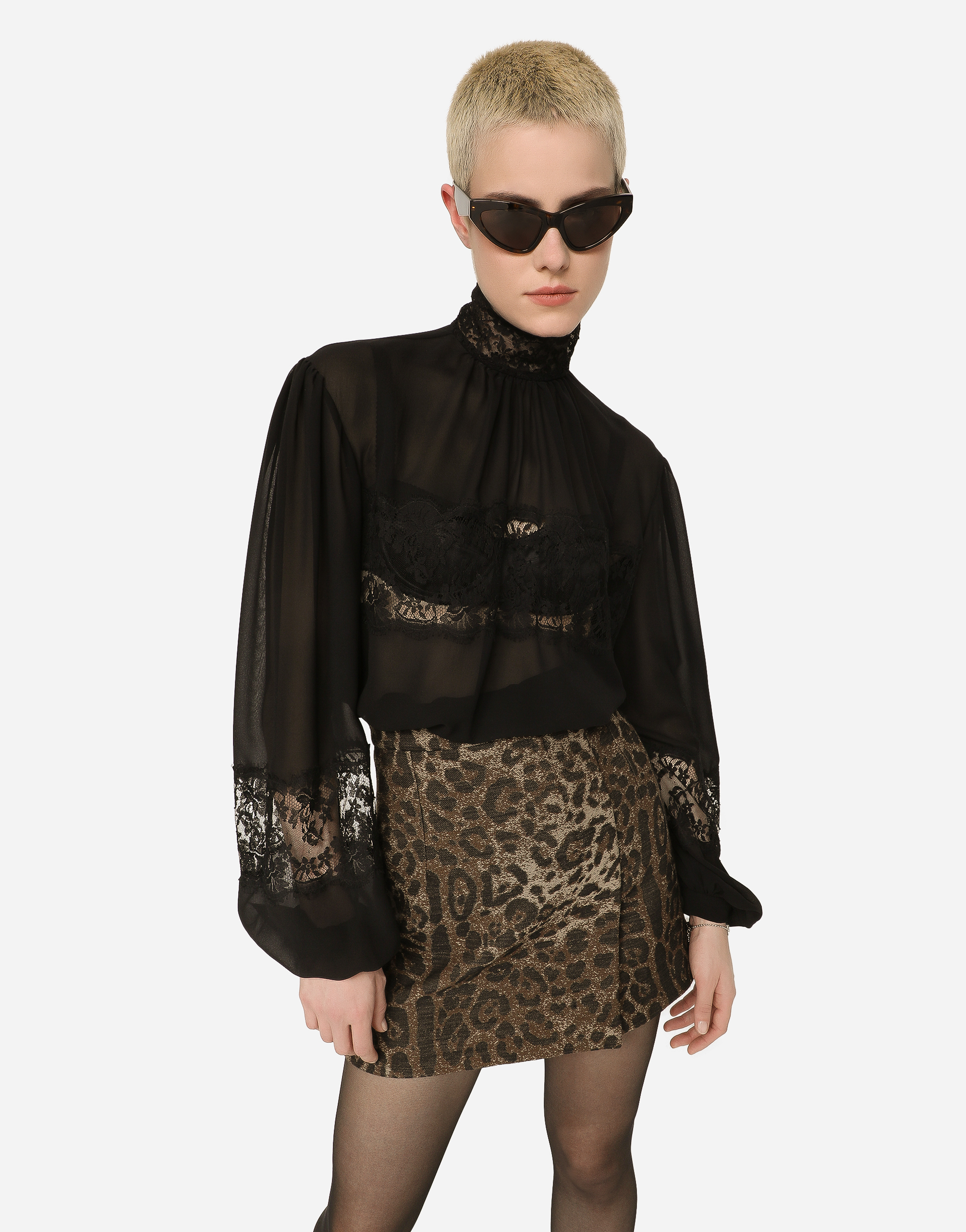 DOLCE & GABBANA GEORGETTE AND LACE TURTLE-NECK BLOUSE