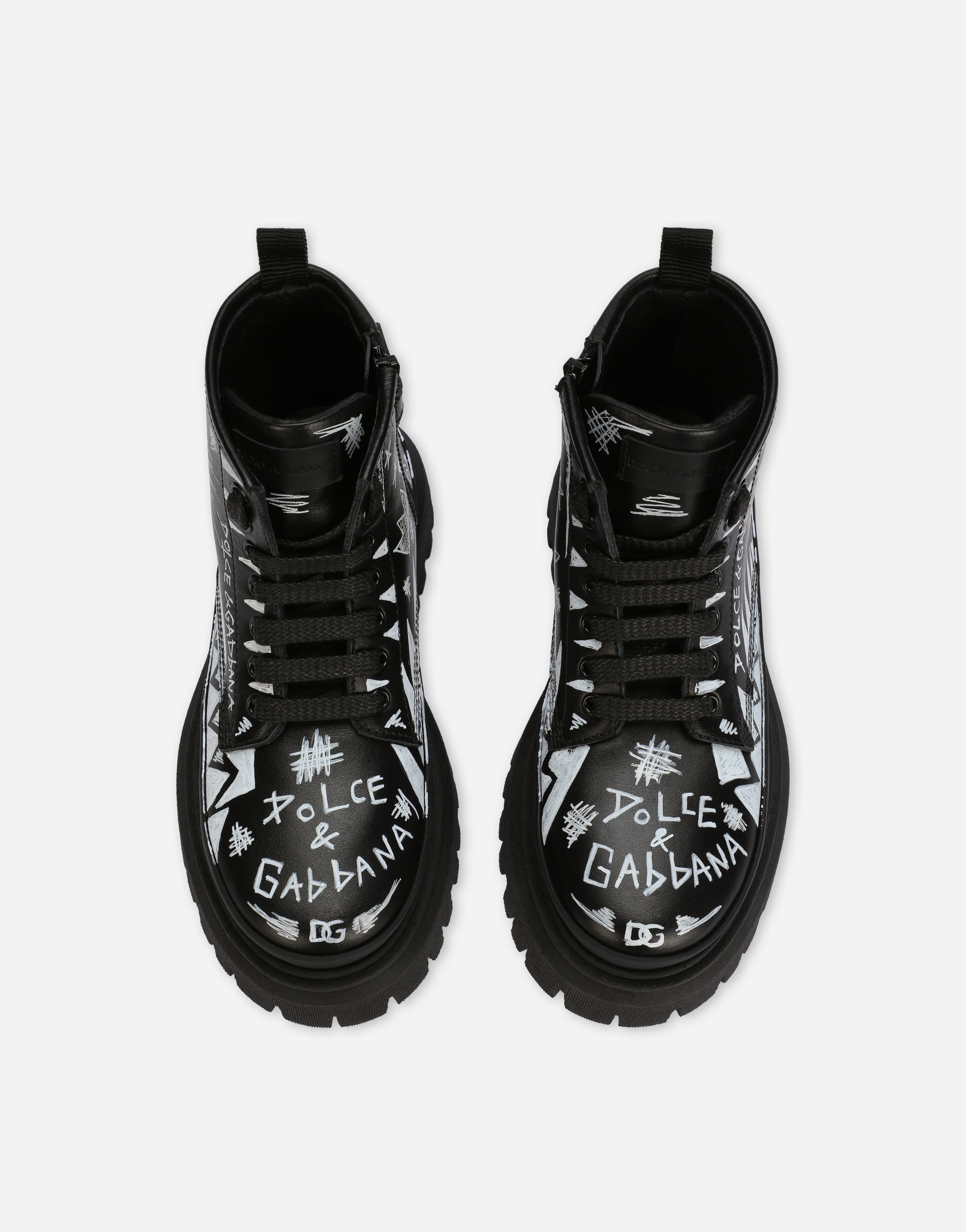 DOLCE & GABBANA CALFSKIN COMBAT BOOTS WITH GRAFFITI PRINT