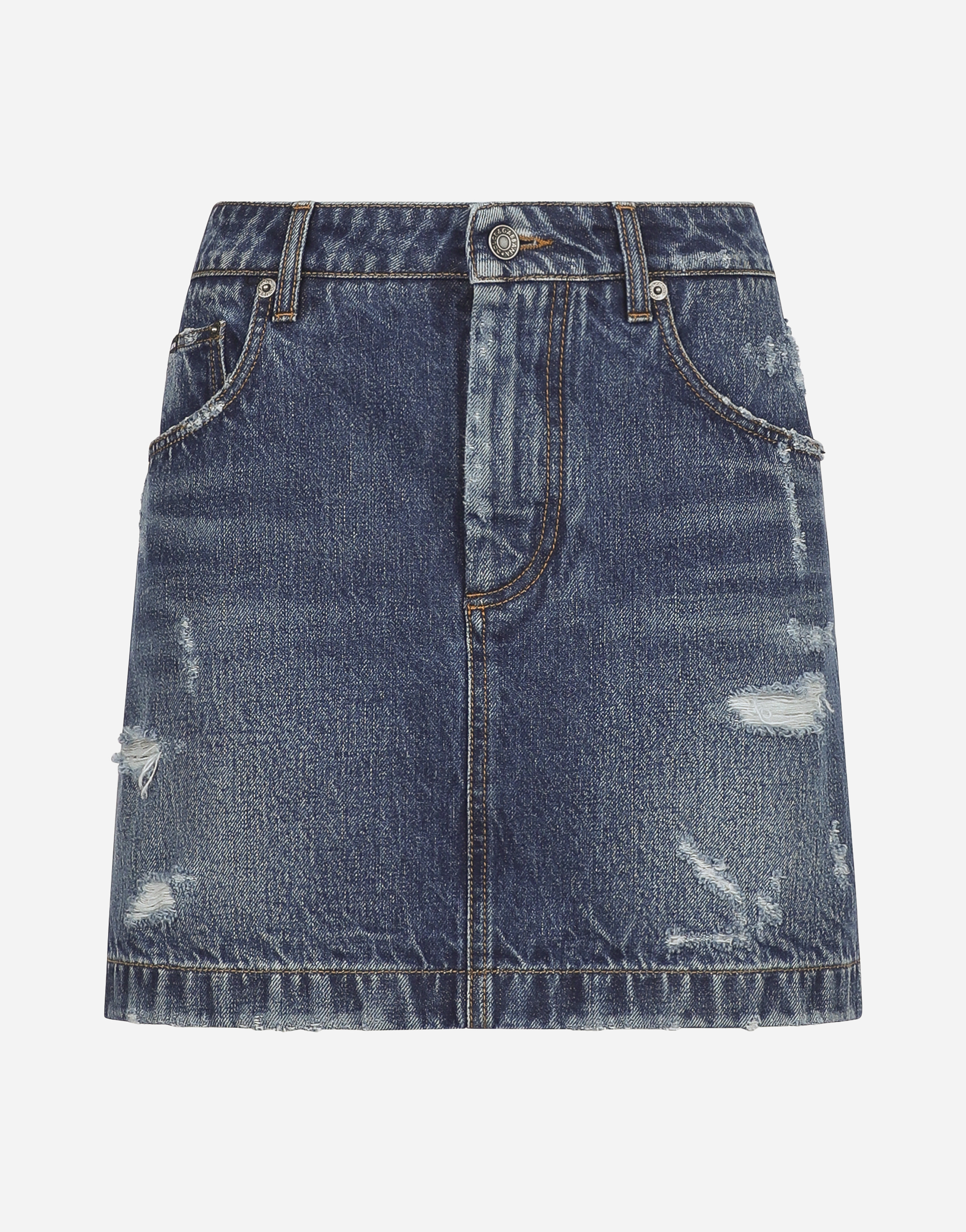 Shop Dolce & Gabbana Denim Mini Skirt With Rips In Blue