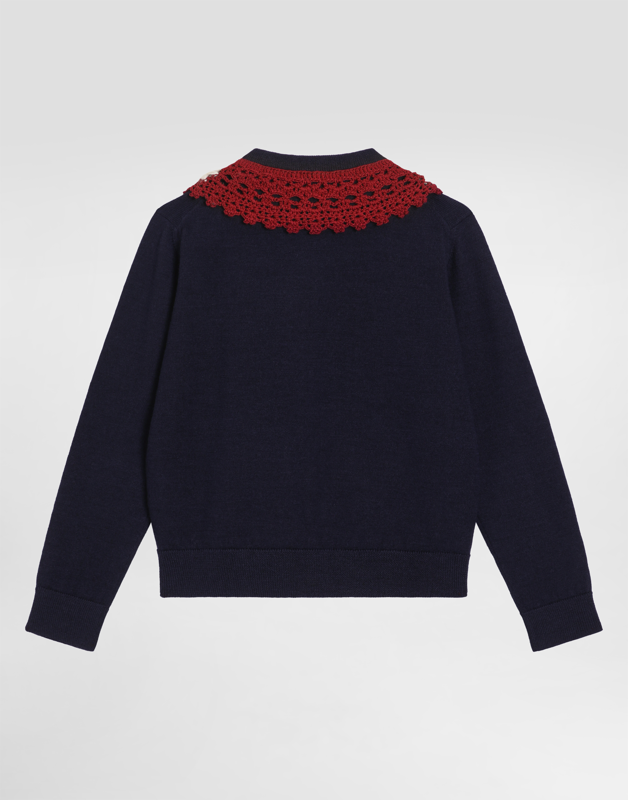 Dolce & Gabbana Wool Cardigan With Embroidered Crochet Collar In Blue