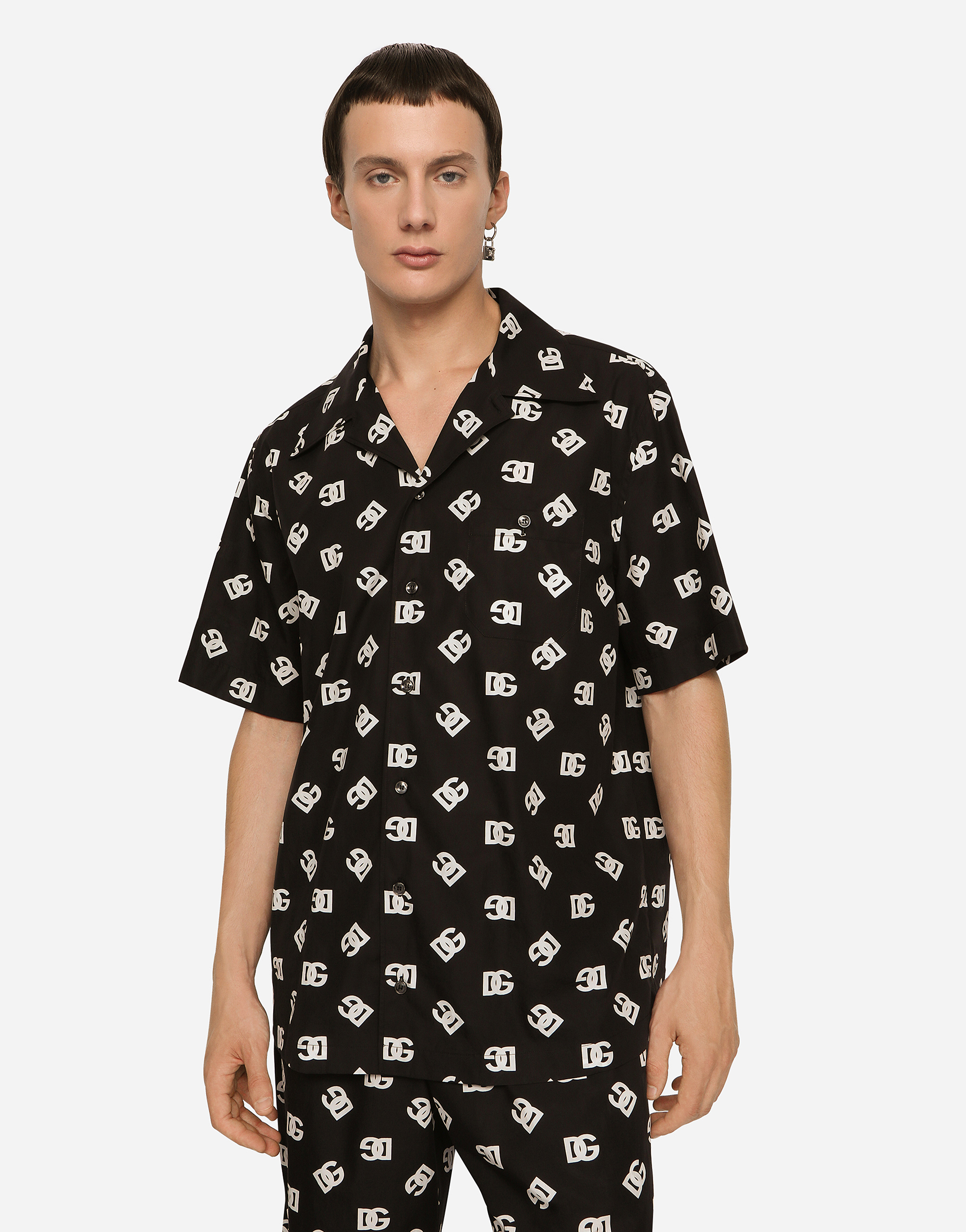 DOLCE & GABBANA COTTON HAWAIIAN SHIRT WITH DG MONOGRAM PRINT