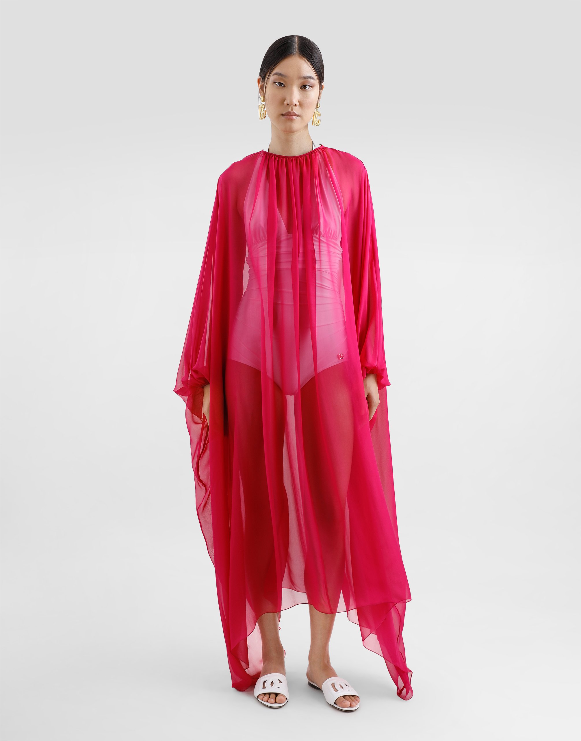 Dolce & Gabbana Long Silk Chiffon Caftan With Drawstring In Purple