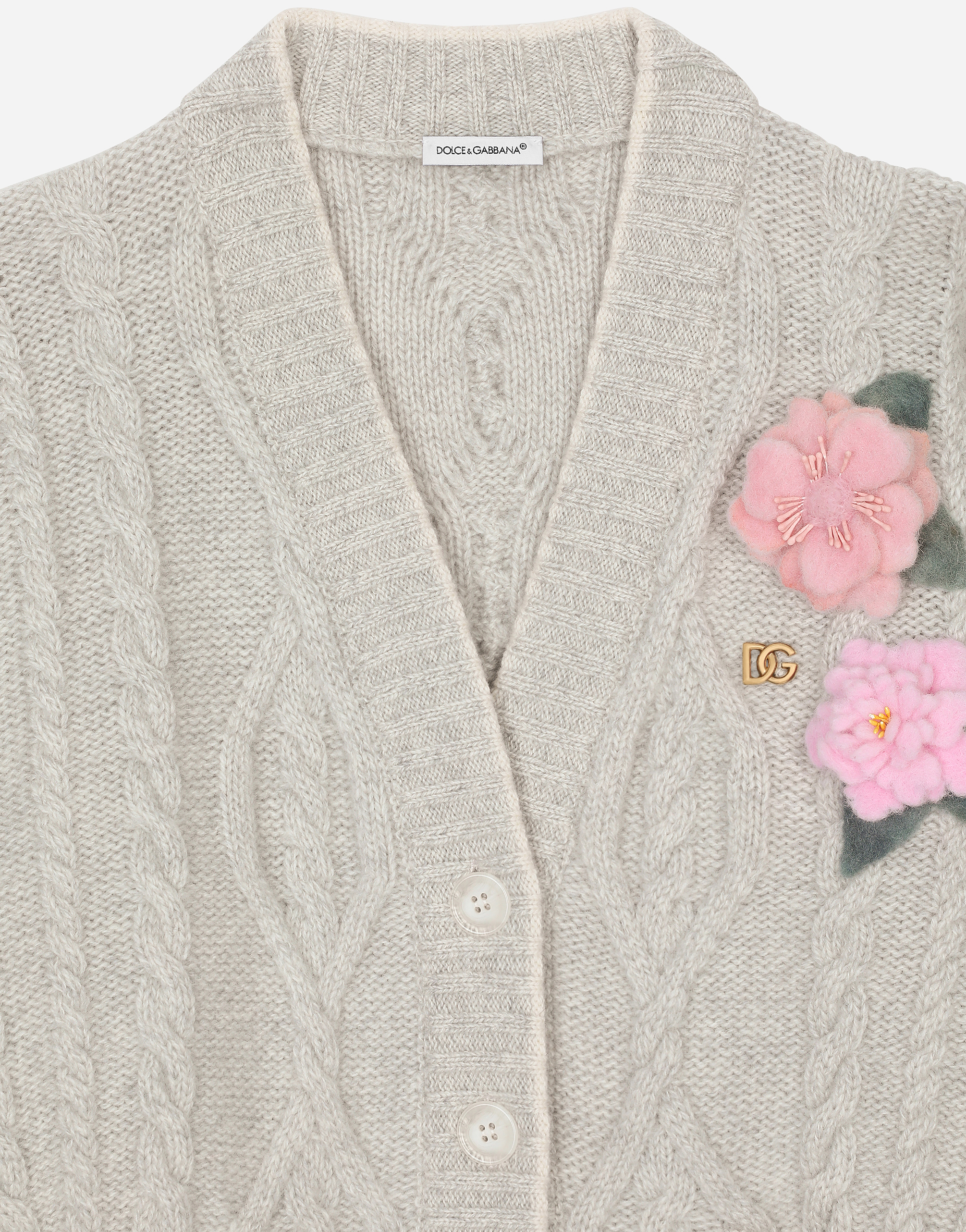 Dolce & Gabbana Cable-knit Cardigan With Dg Logo And Floral Detailing In Multicolor